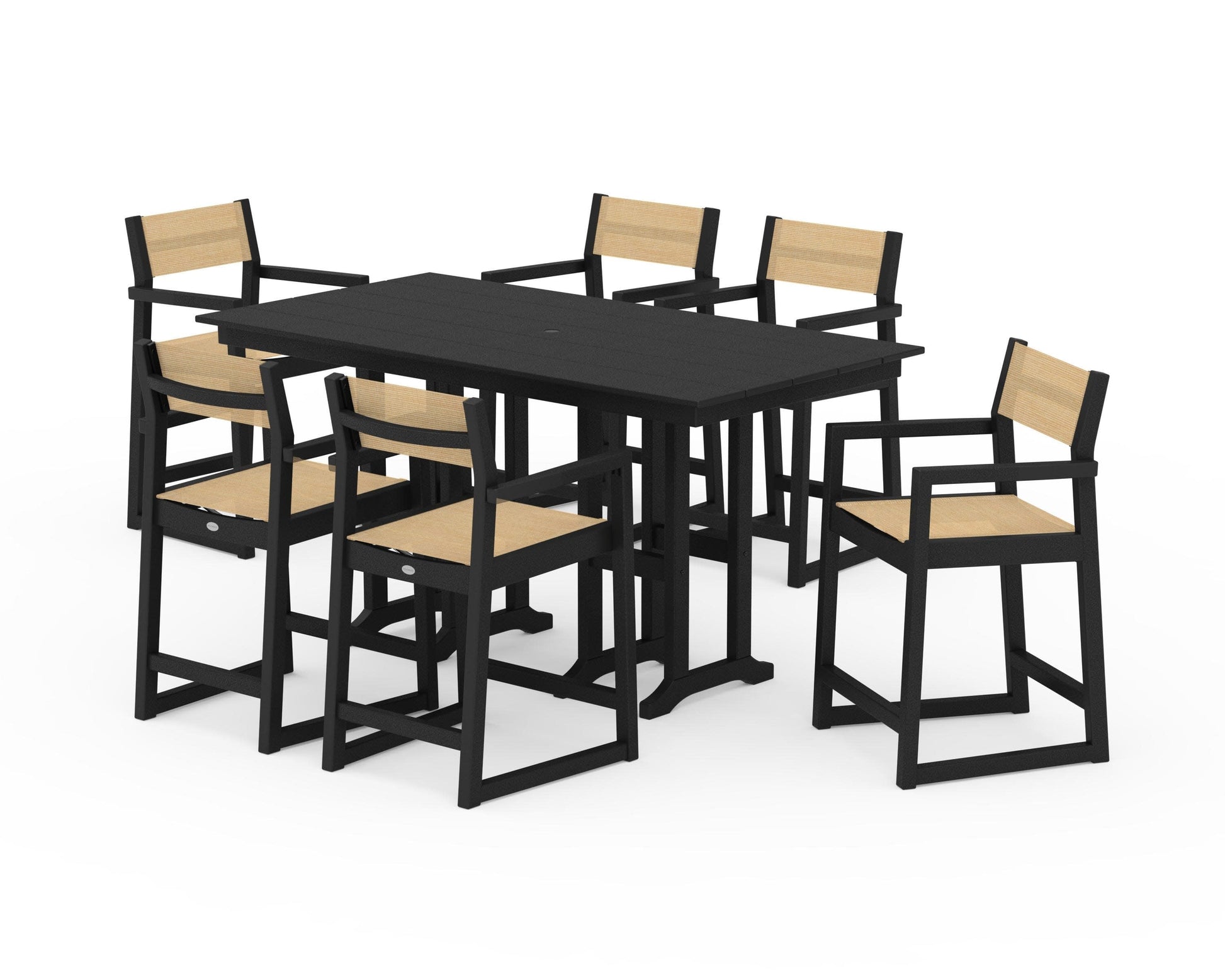 POLYWOOD EDGE Sling Arm Chair 7-Piece Farmhouse Counter Set — Black / Dupioni Apricot Sling