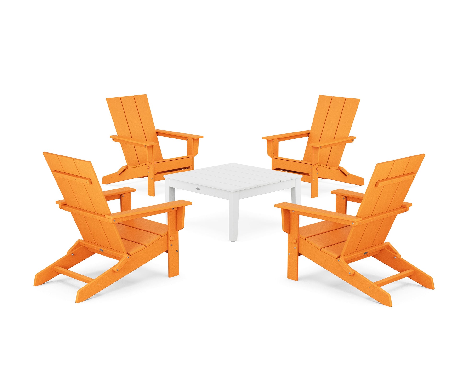 POLYWOOD 5-Piece Modern Studio Folding Adirondack Chair Conversation Group — Tangerine / White