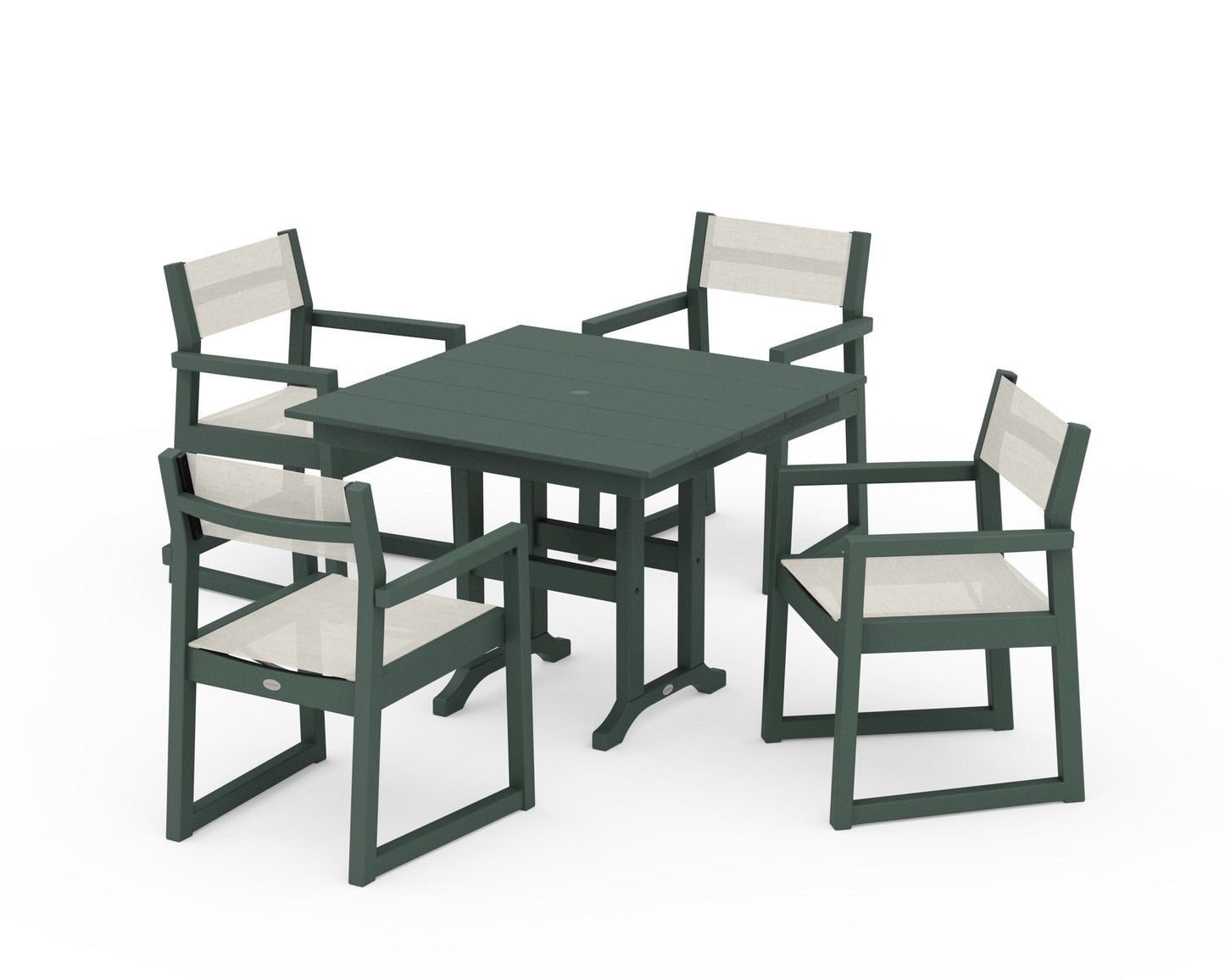 POLYWOOD EDGE Sling Arm Chair 5-Piece Farmhouse Dining Set — Green / Parchment Sling