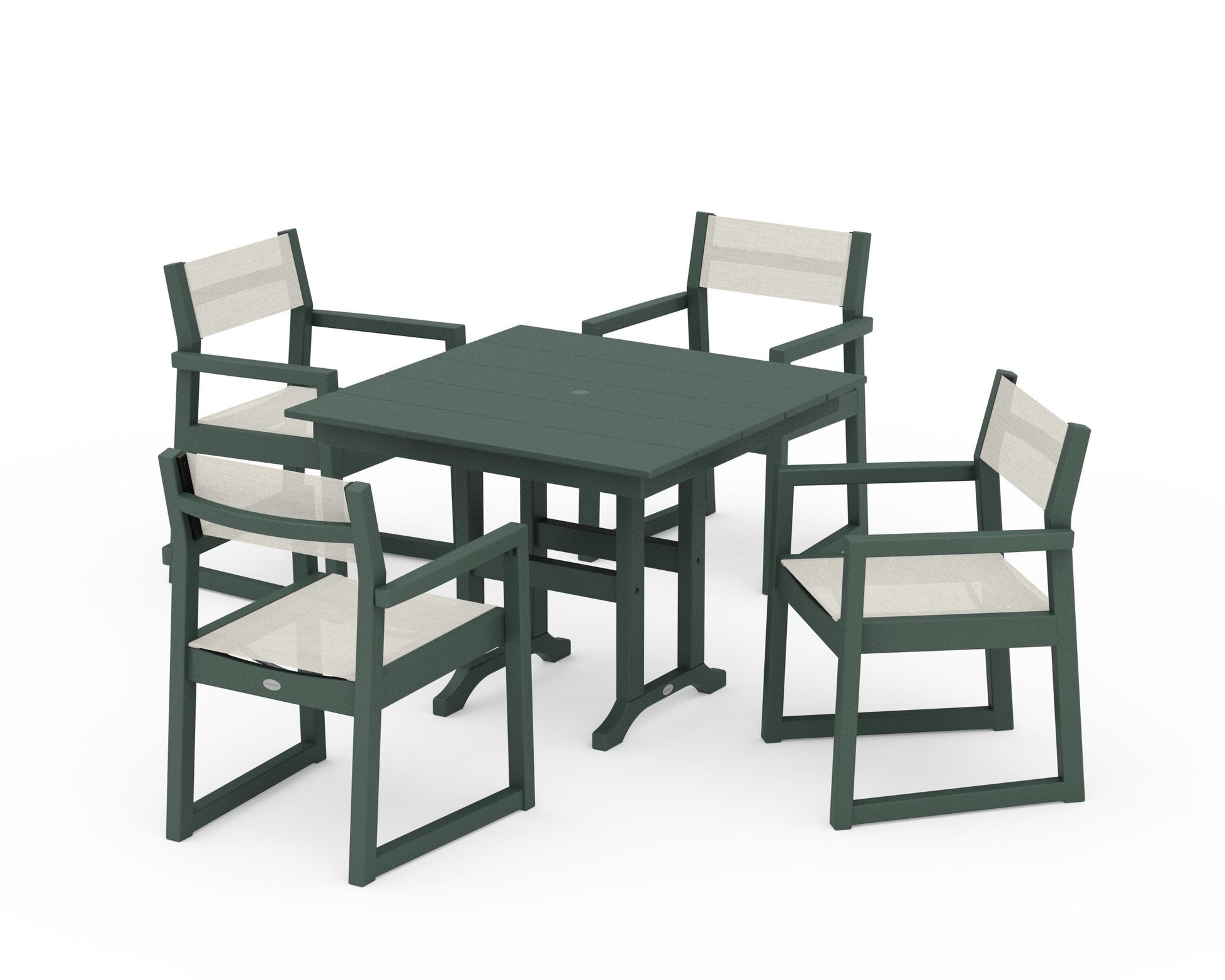 POLYWOOD EDGE Sling Arm Chair 5-Piece Farmhouse Dining Set — Green / Parchment Sling