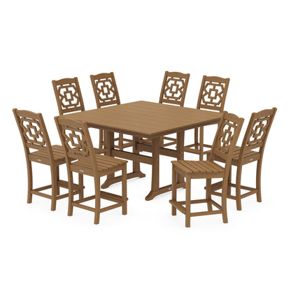 POLYWOOD Chinoiserie 9-Piece Square Farmhouse Side Chair Counter Set with Trestle Legs — Natural