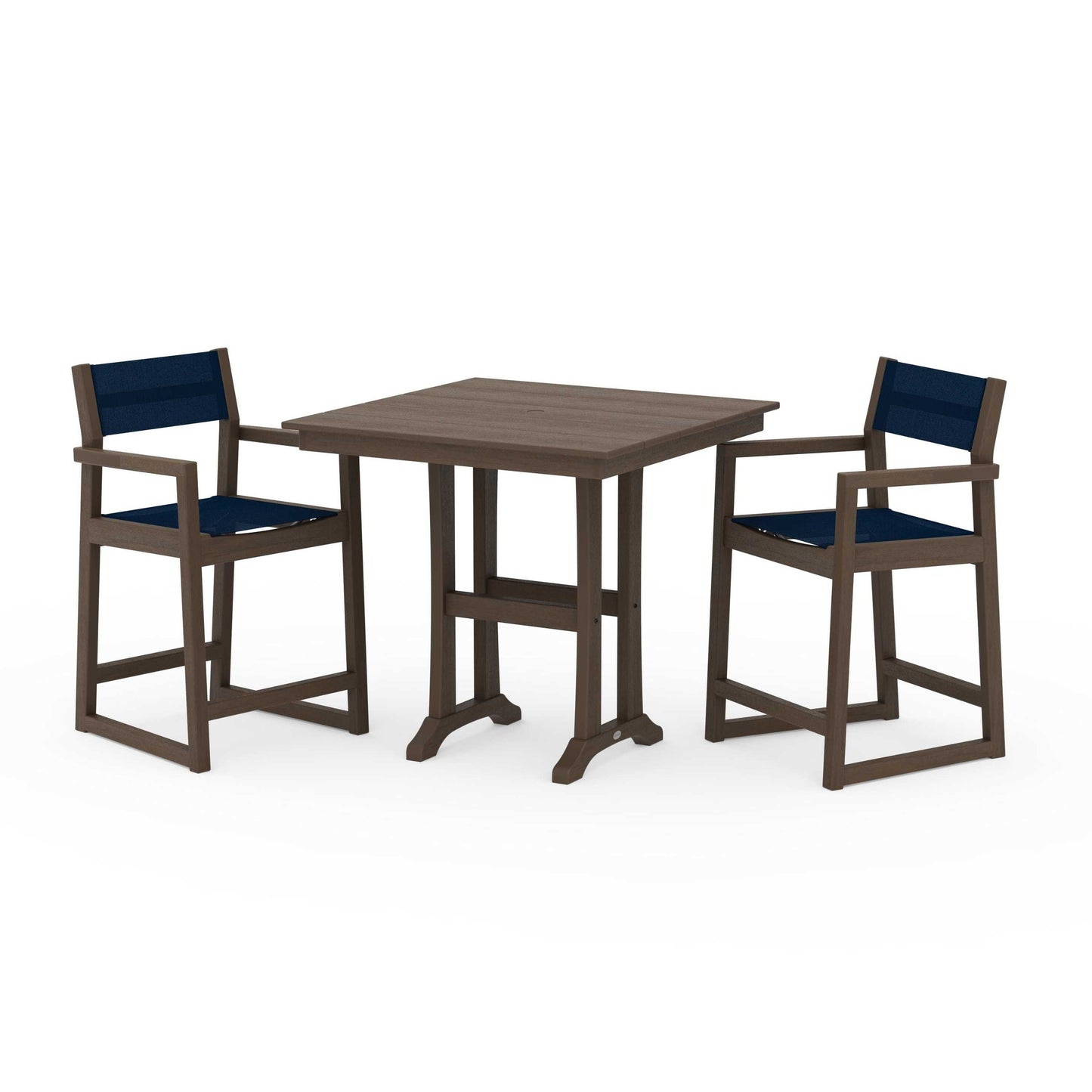POLYWOOD EDGE Sling Arm Chair 3-Piece Farmhouse Counter Set with Trestle Legs — Kona / Navy Blue Sling