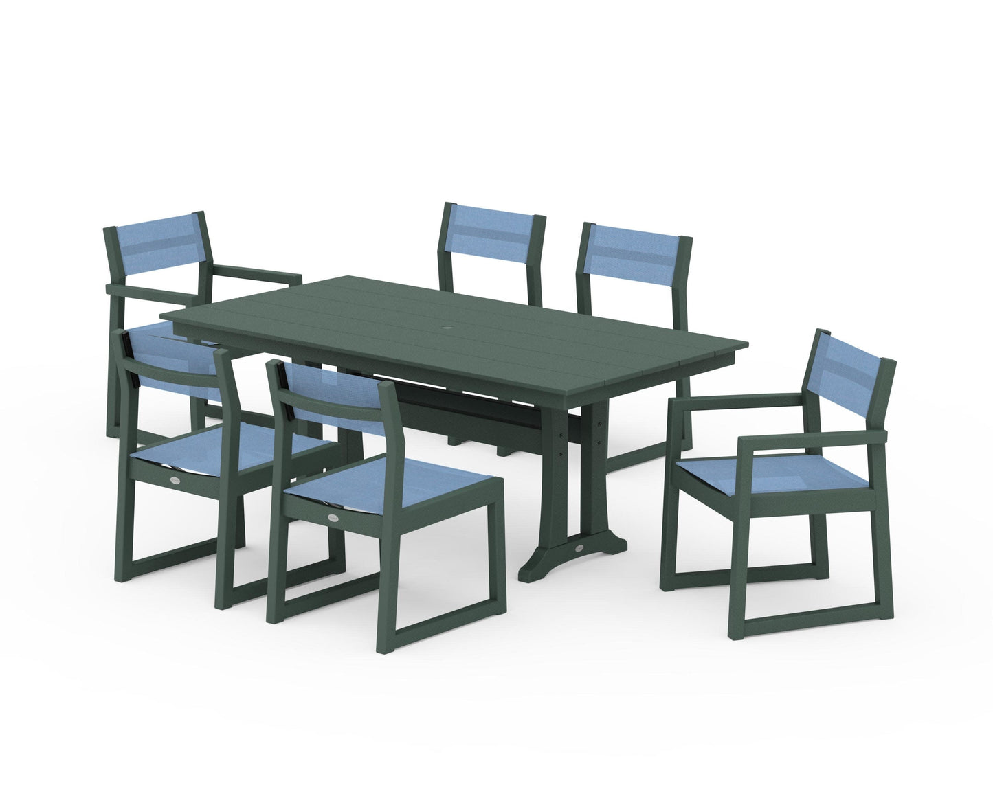 POLYWOOD EDGE Sling 7-Piece Farmhouse Trestle Dining Set — Green / Poolside Sling