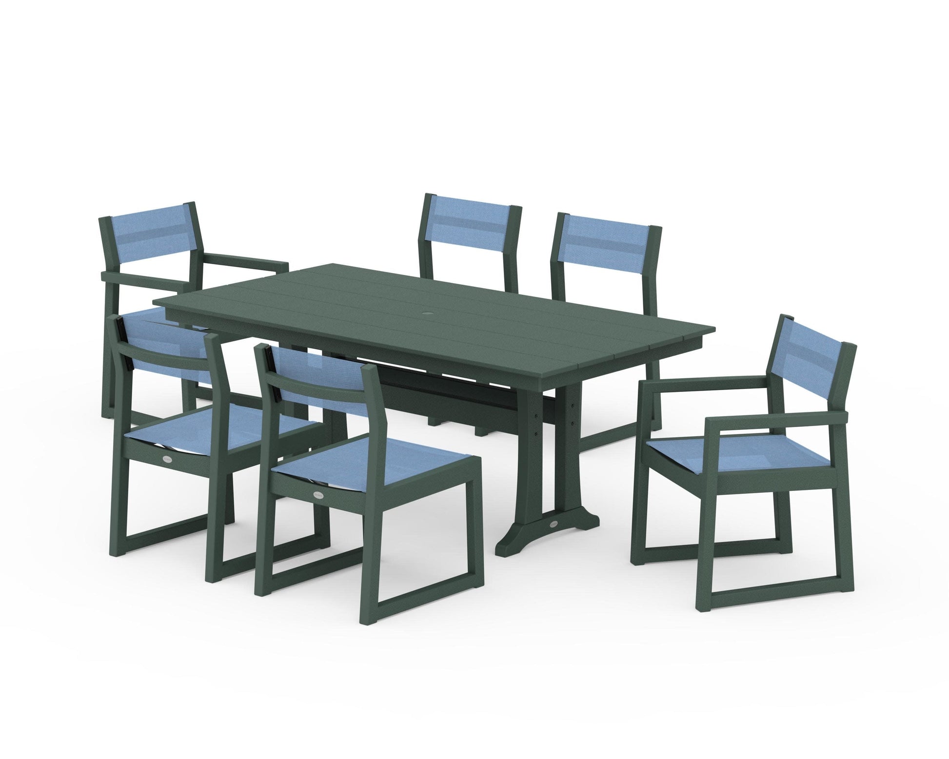 POLYWOOD EDGE Sling 7-Piece Farmhouse Trestle Dining Set — Green / Poolside Sling