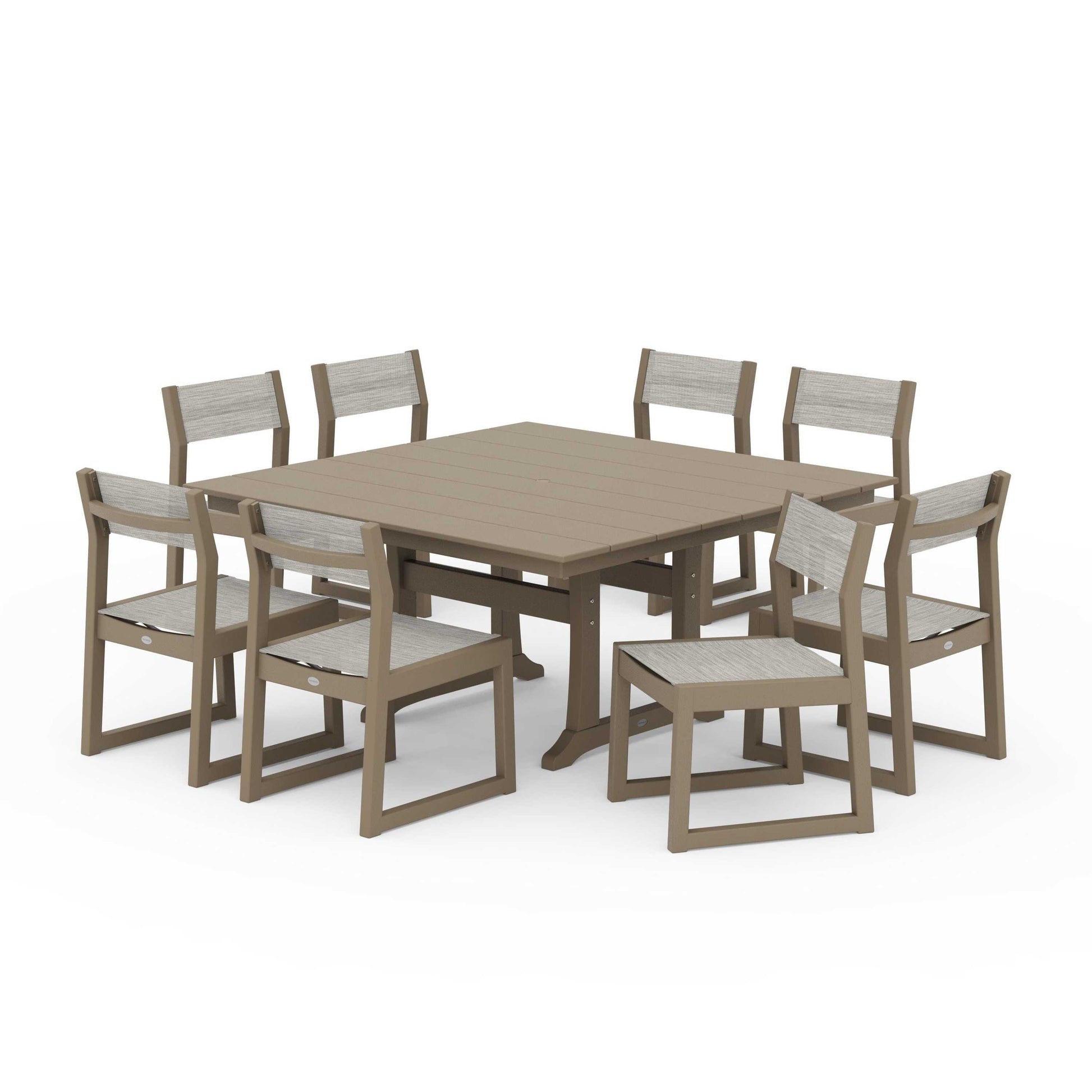 POLYWOOD EDGE Sling Side Chair 9-Piece Farmhouse Trestle Dining Set — Vintage Sahara / Birch Sling