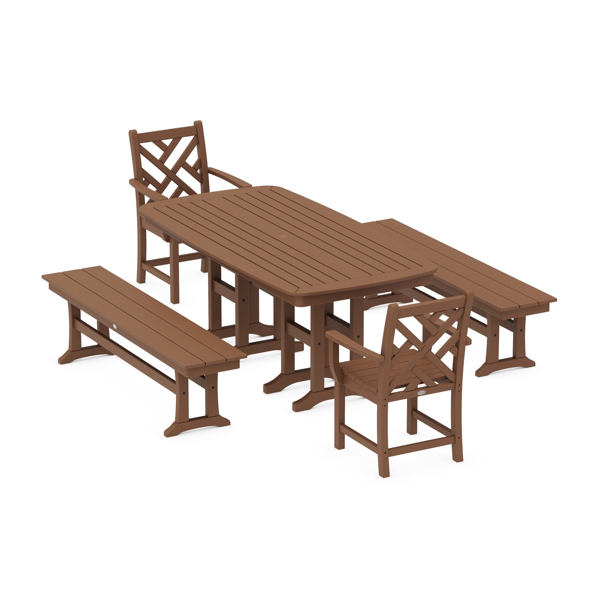 POLYWOOD Chippendale 5-Piece Dining Set with Benches — Teak