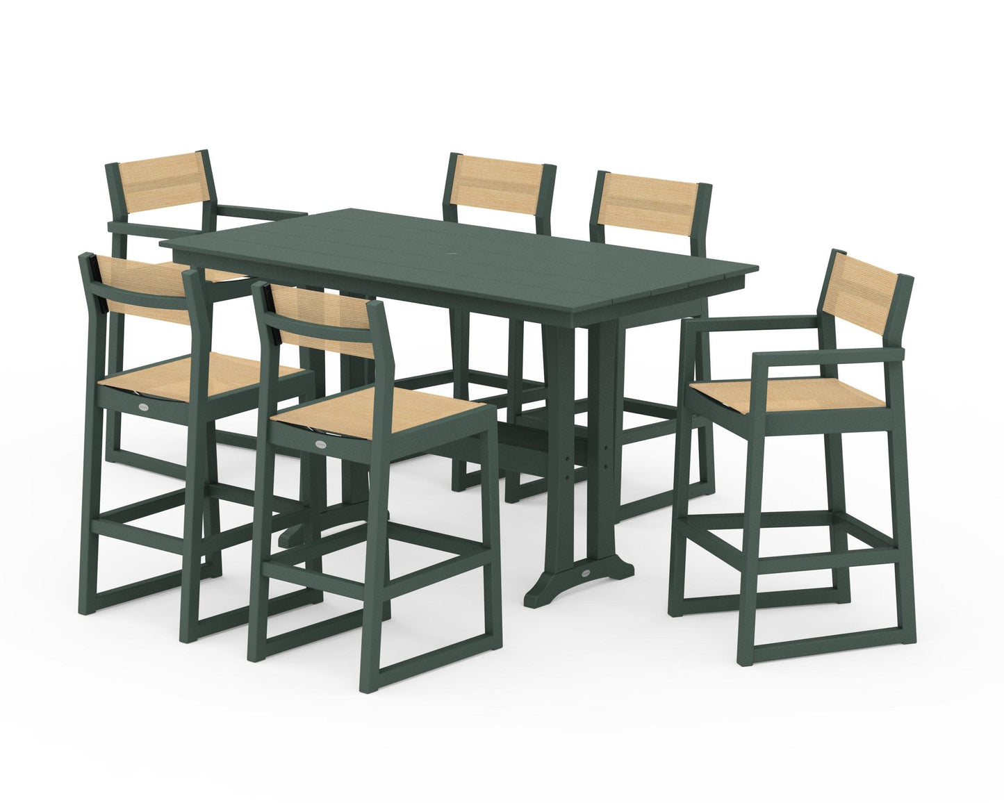 POLYWOOD EDGE Sling 7-Piece Farmhouse Bar Set with Trestle Legs — Green / Dupioni Apricot Sling