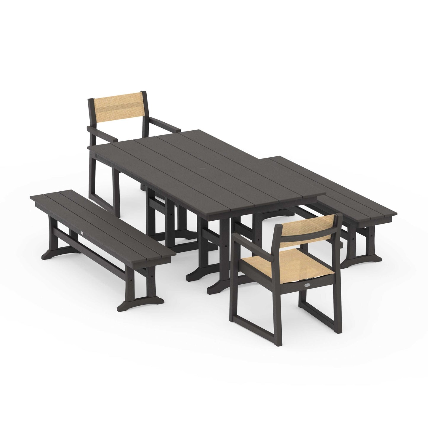 POLYWOOD EDGE Sling Arm Chair 5-Piece Farmhouse Dining Set with Benches — Vintage Coffee / Dupioni Apricot Sling