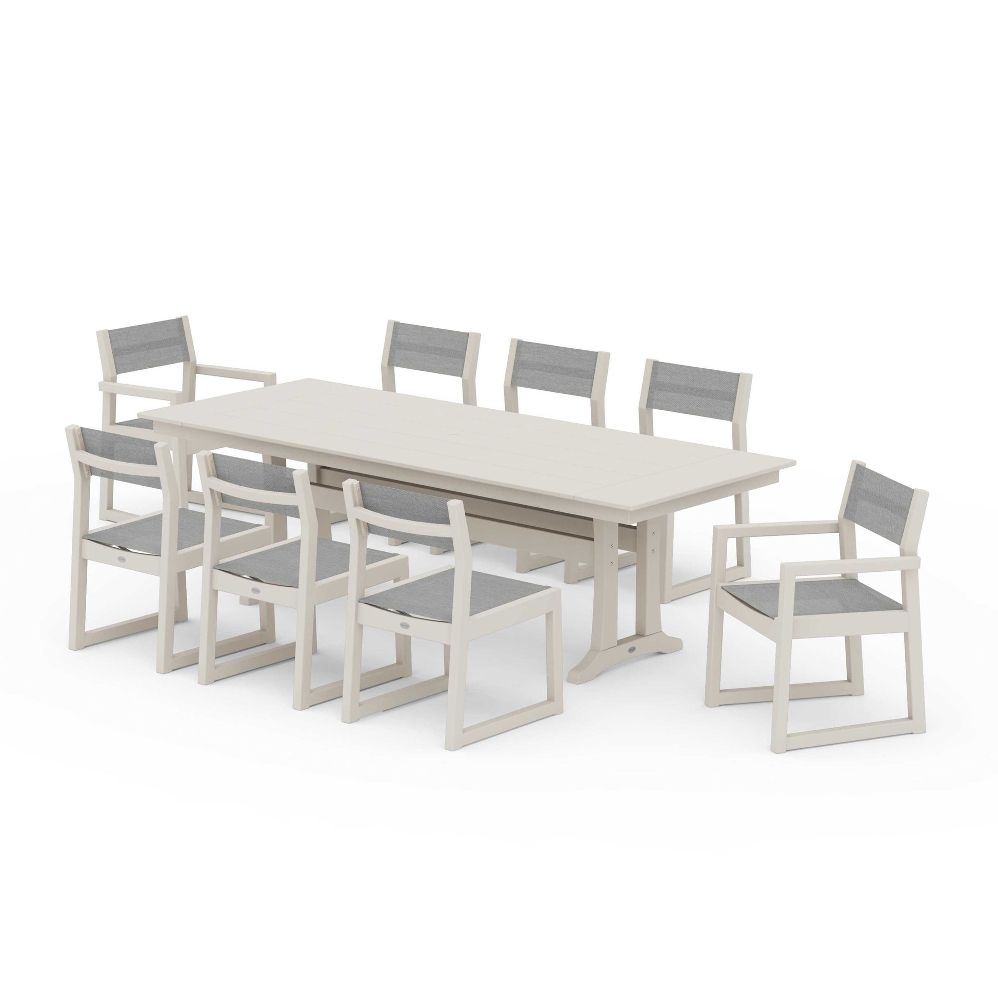 POLYWOOD EDGE Sling 9-Piece Farmhouse Trestle Dining Set — Sand / Metallic Sling