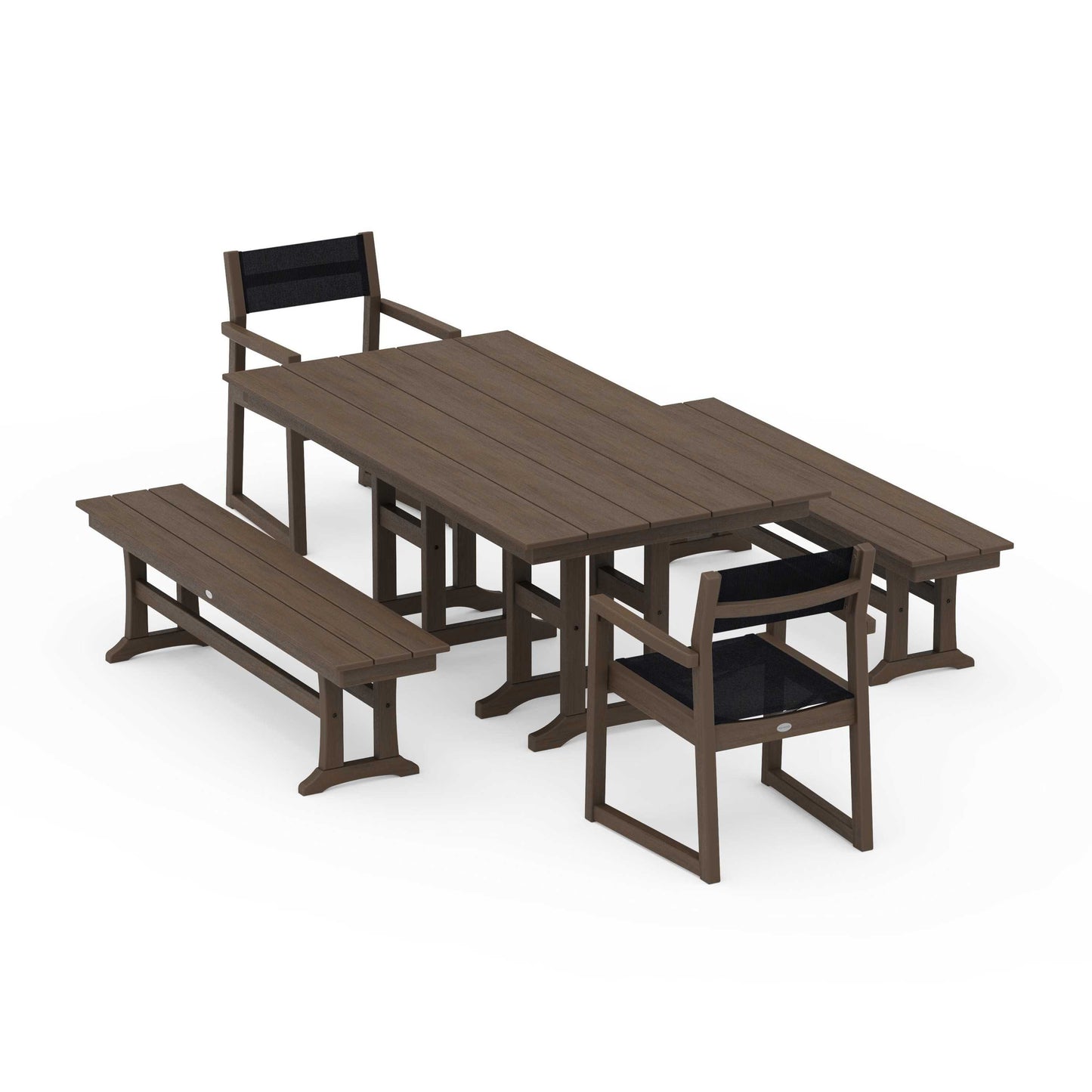 POLYWOOD EDGE Sling Arm Chair 5-Piece Farmhouse Dining Set with Benches — Kona / Black Sling