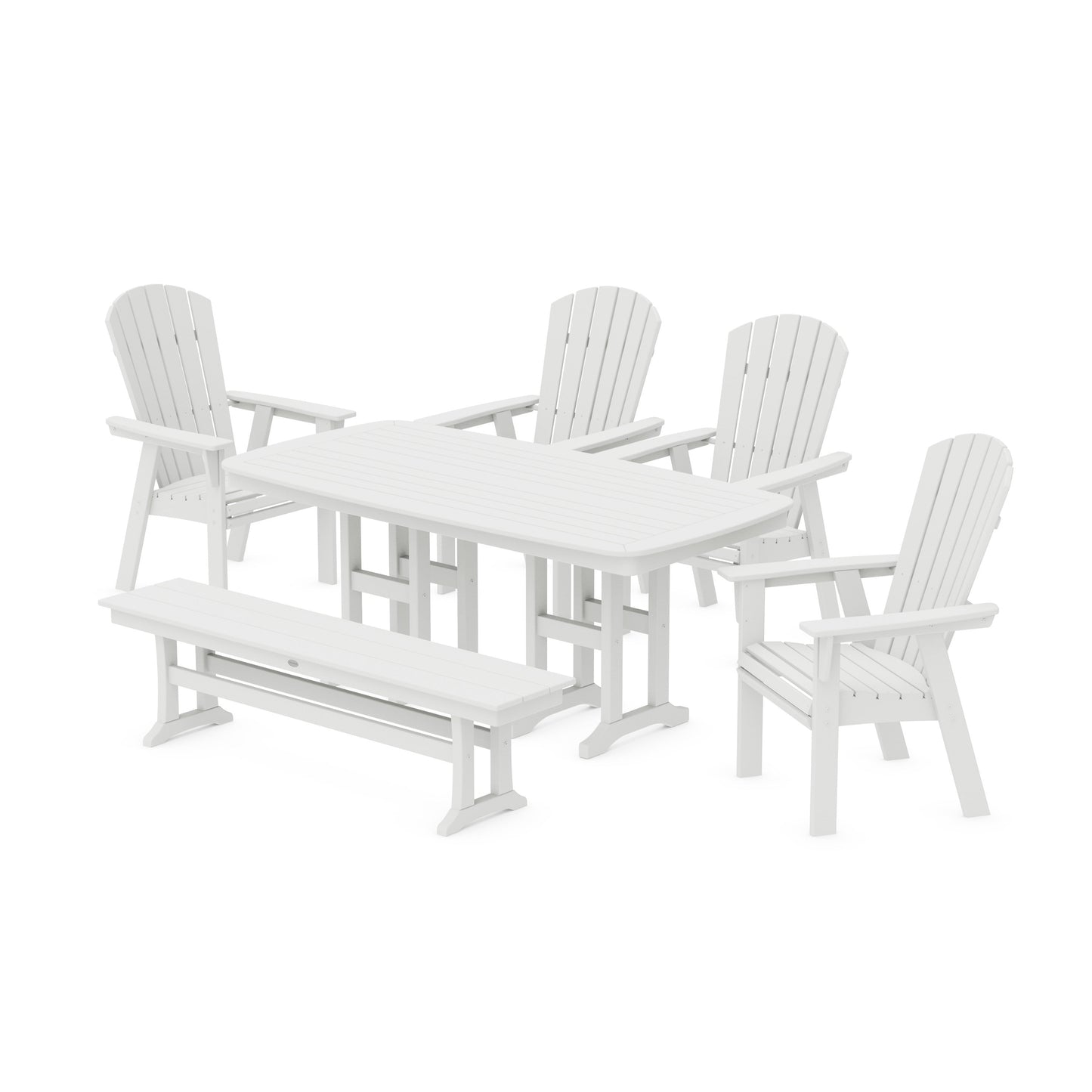 POLYWOOD Nautical Curveback Adirondack 6-Piece Dining Set with Bench — White