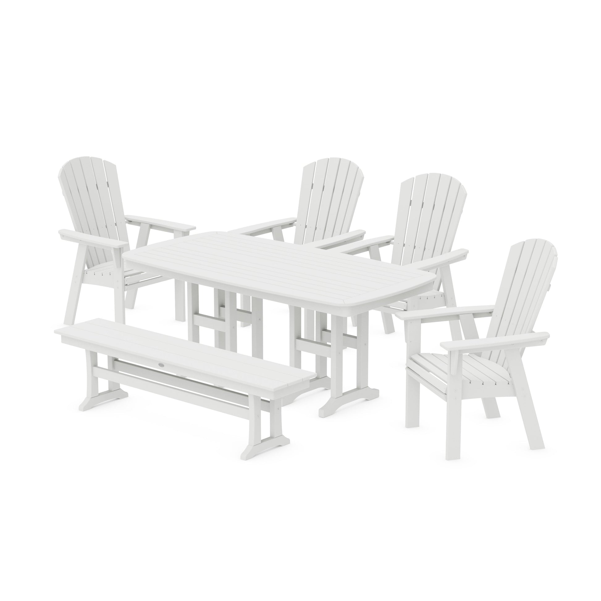 POLYWOOD Nautical Curveback Adirondack 6-Piece Dining Set with Bench — White
