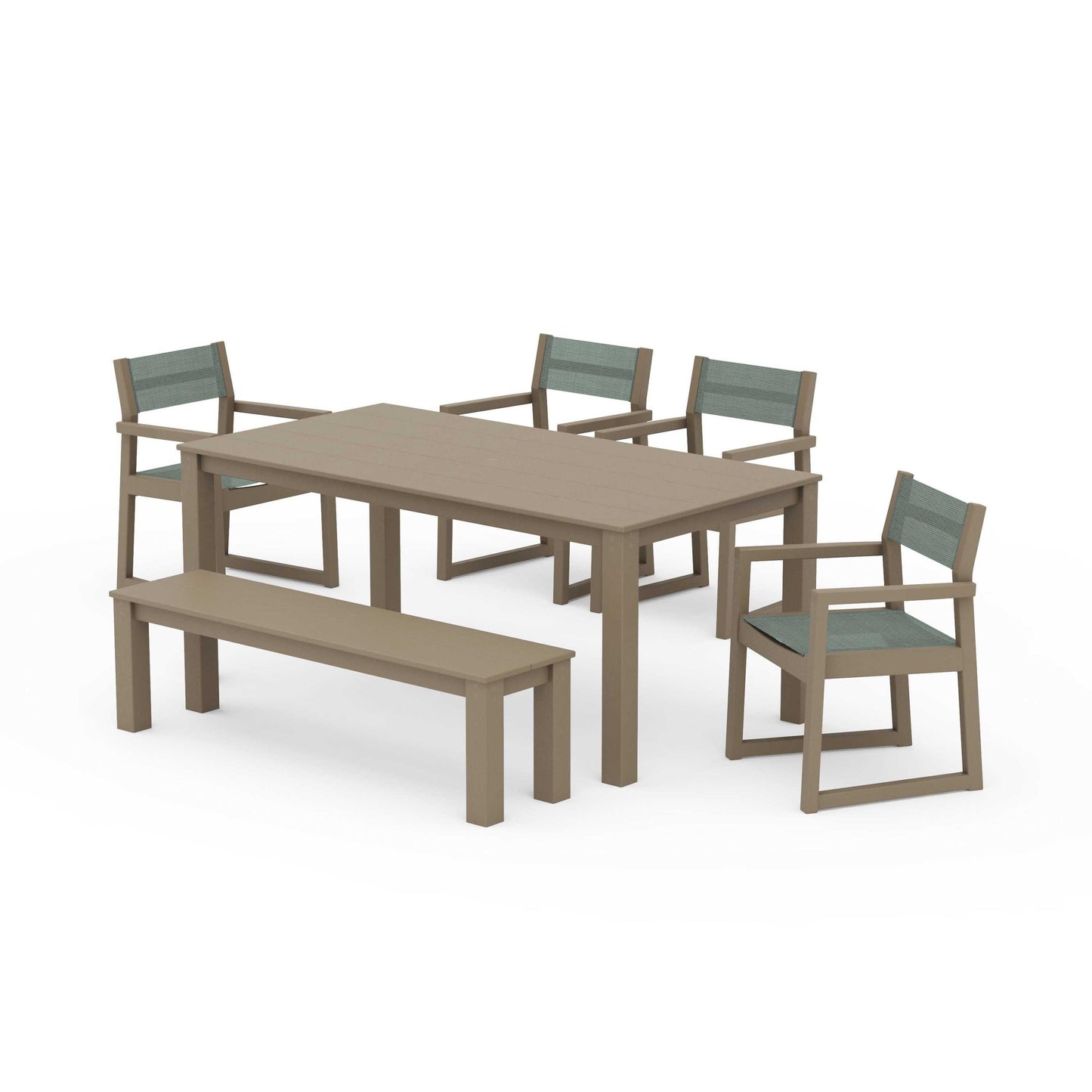 POLYWOOD EDGE Sling Arm Chair 6-Piece Parsons Dining Set with Bench — Vintage Sahara / Dupioni Sea Mist Sling