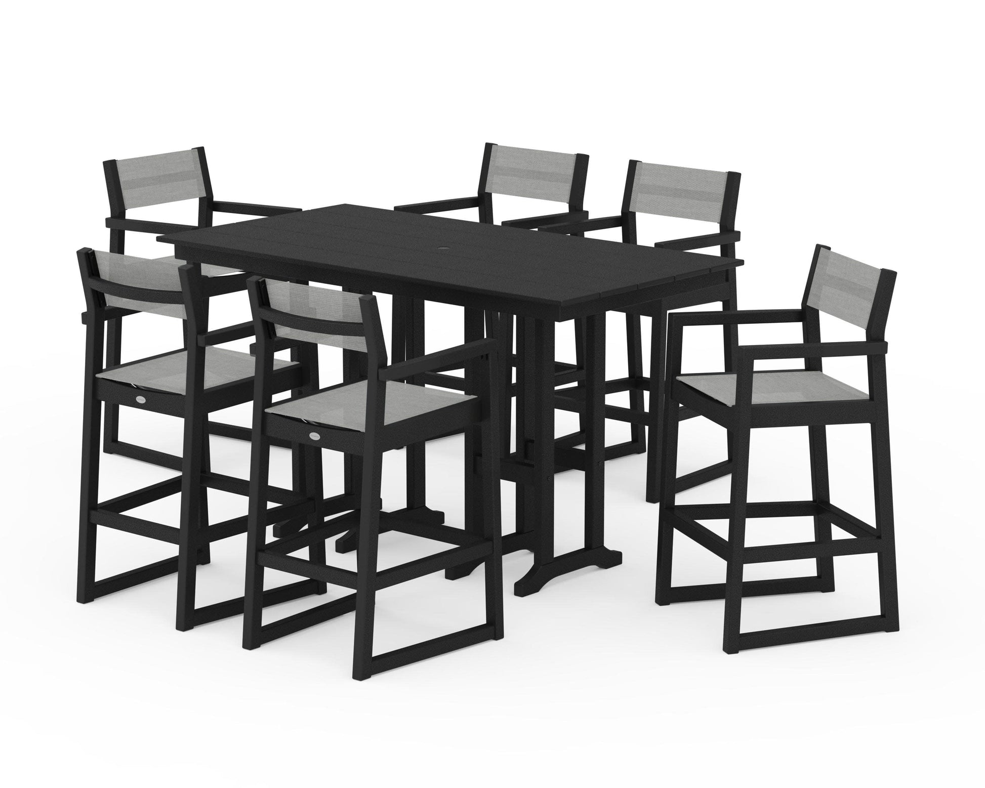 POLYWOOD EDGE Sling Arm Chair 7-Piece Farmhouse Bar Set — Black / Metallic Sling