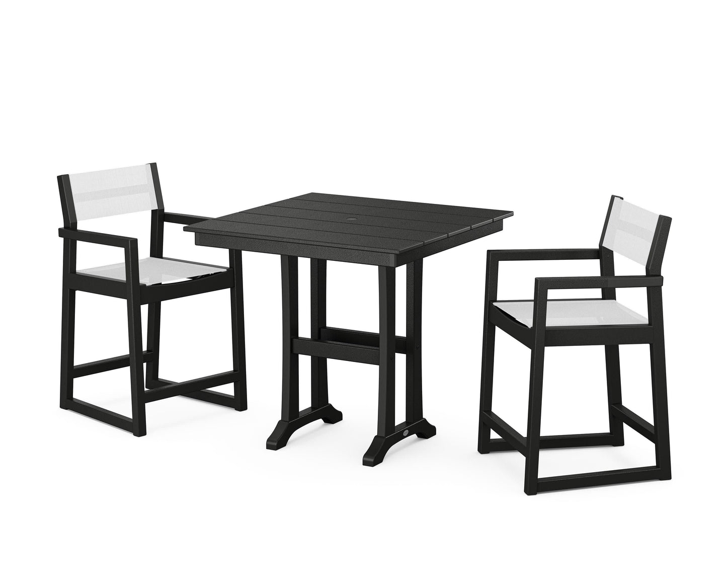 POLYWOOD EDGE Sling Arm Chair 3-Piece Farmhouse Counter Set with Trestle Legs — Black / White Sling