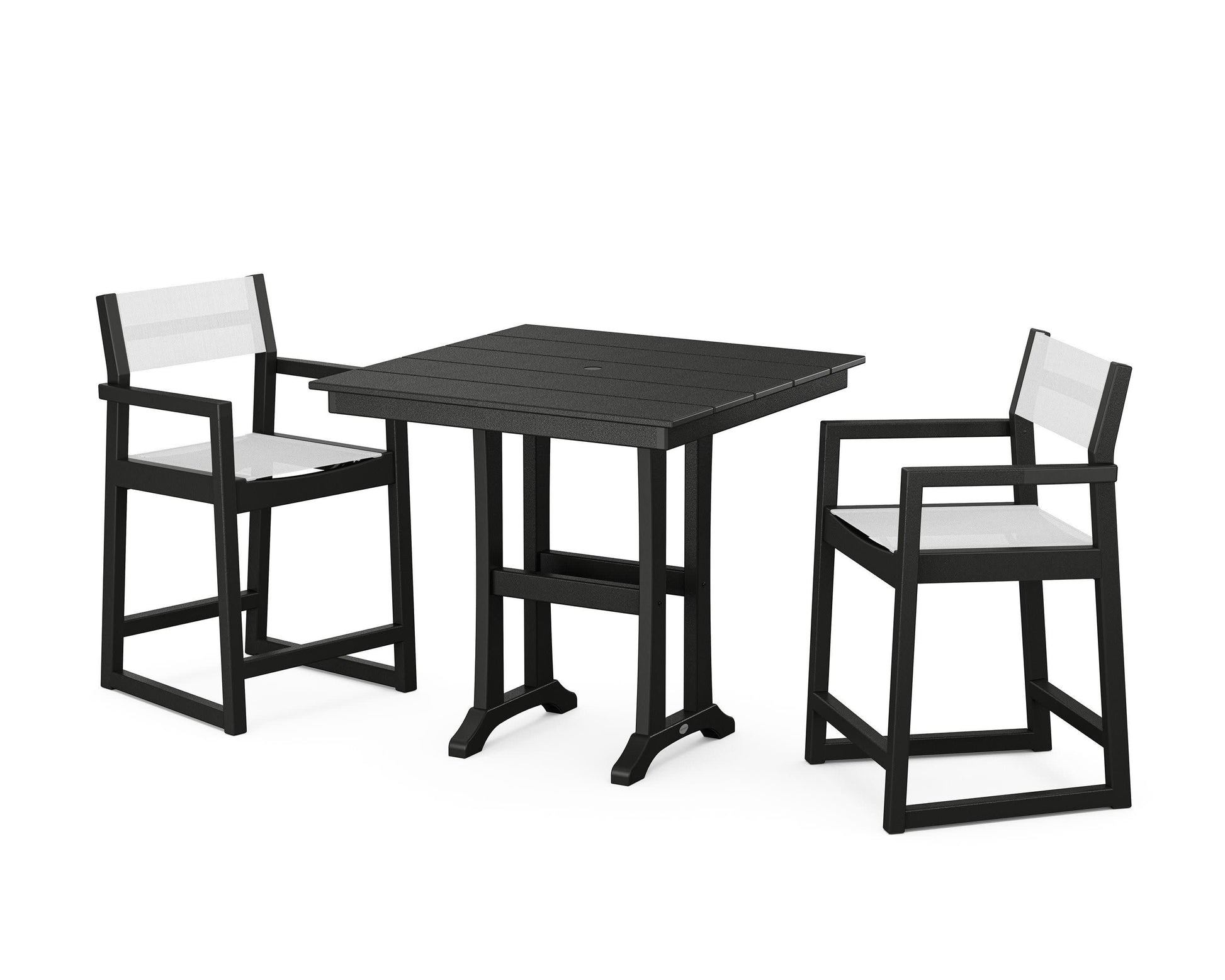 POLYWOOD EDGE Sling Arm Chair 3-Piece Farmhouse Counter Set with Trestle Legs — Black / White Sling