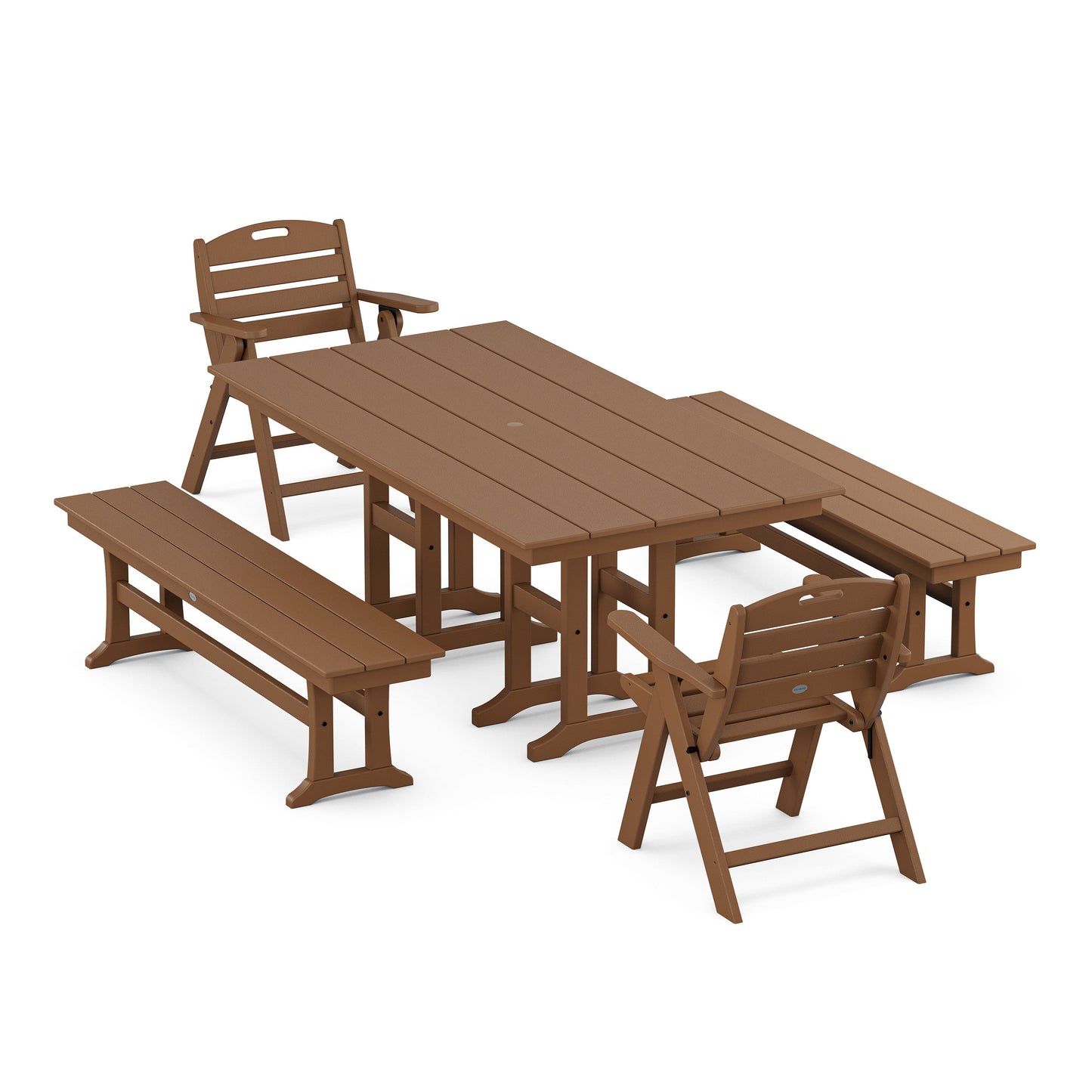 POLYWOOD Nautical Lowback 5-Piece Farmhouse Dining Set with Benches — Teak