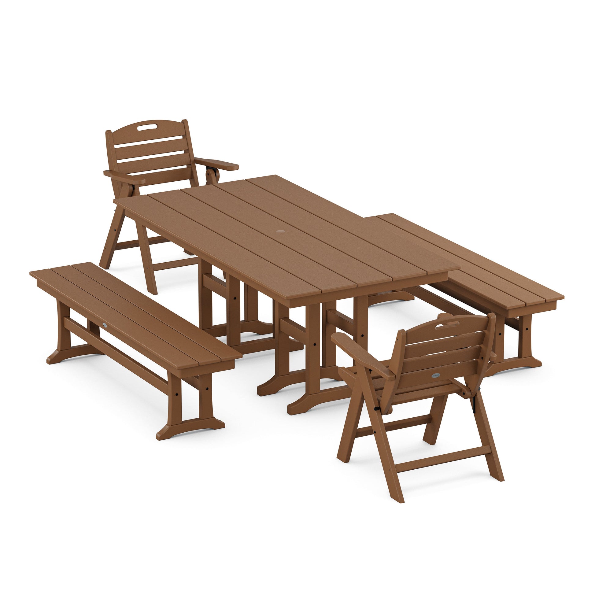 POLYWOOD Nautical Lowback 5-Piece Farmhouse Dining Set with Benches — Teak