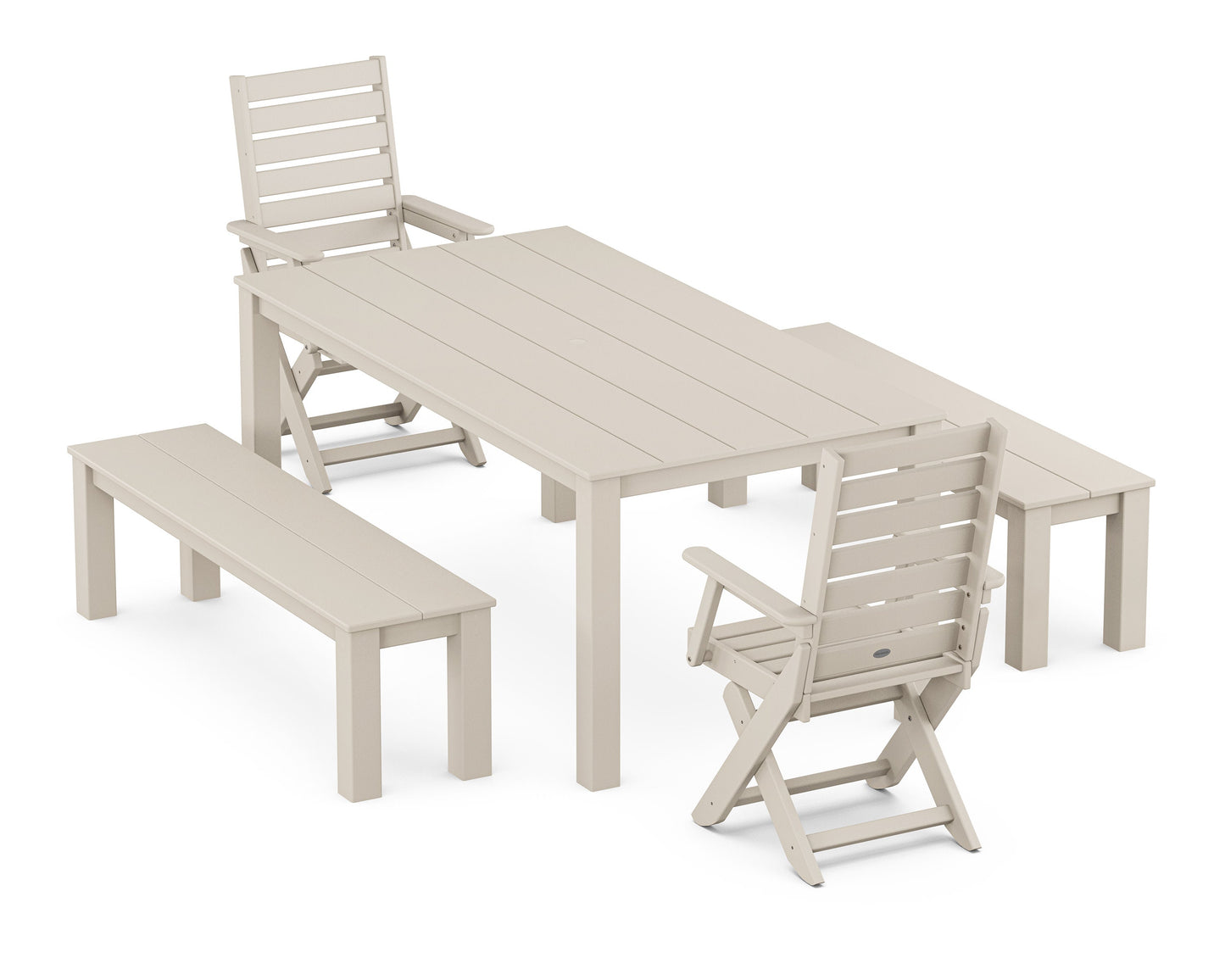 POLYWOOD Captain Folding Chair 5-Piece Parsons Dining Set with Benches — Sand