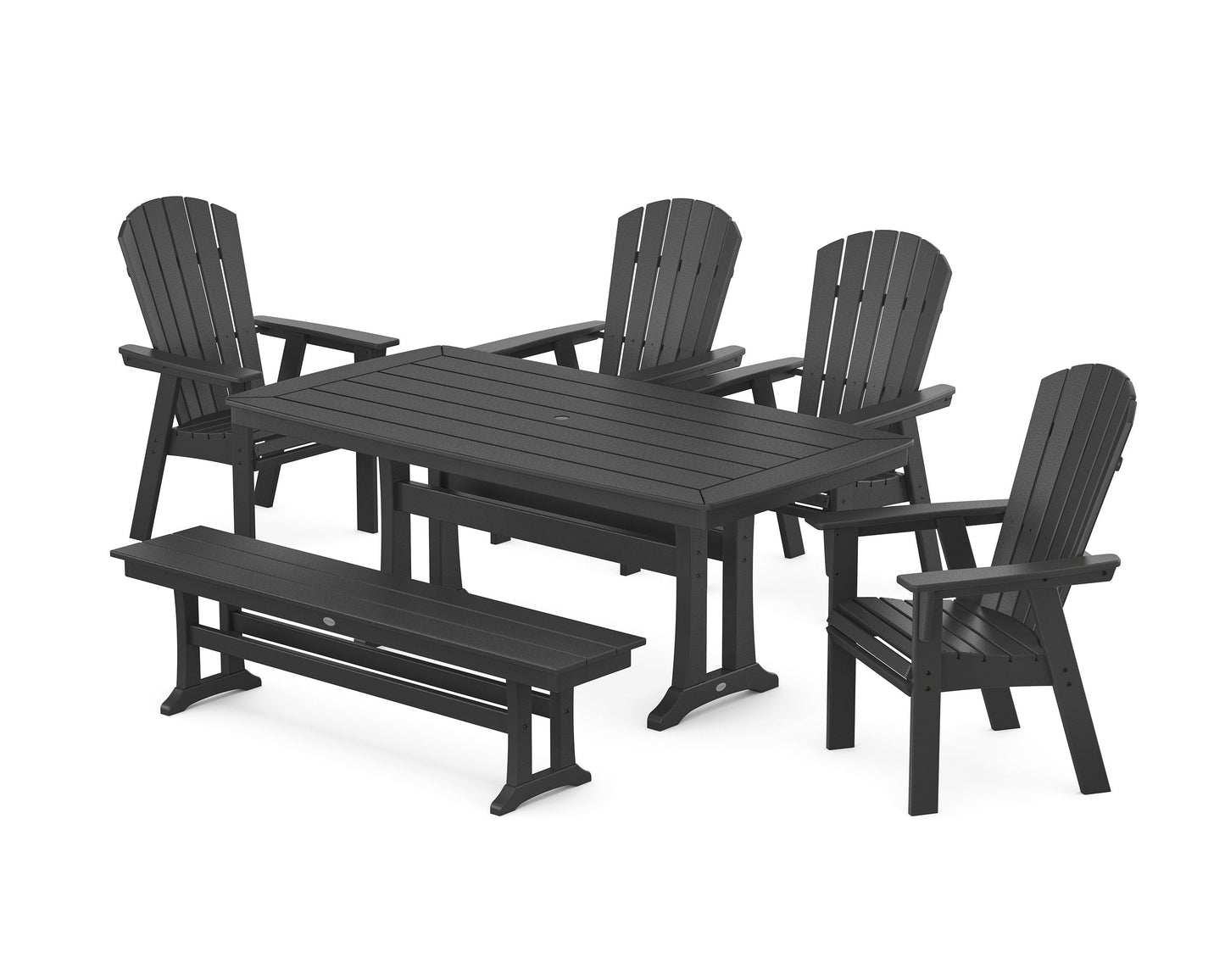 POLYWOOD Nautical Curveback Adirondack 6-Piece Dining Set with Trestle Legs and Bench — Black