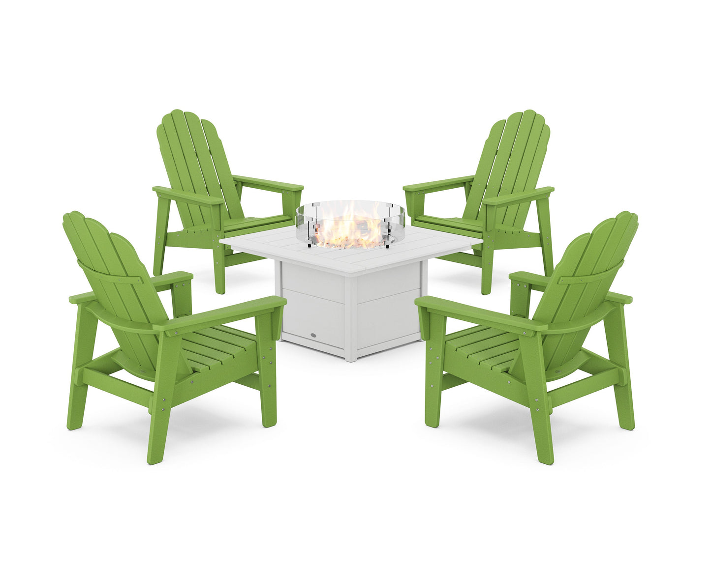 POLYWOOD 5-Piece Vineyard Grand Upright Adirondack Conversation Set with Fire Pit Table — Lime / White