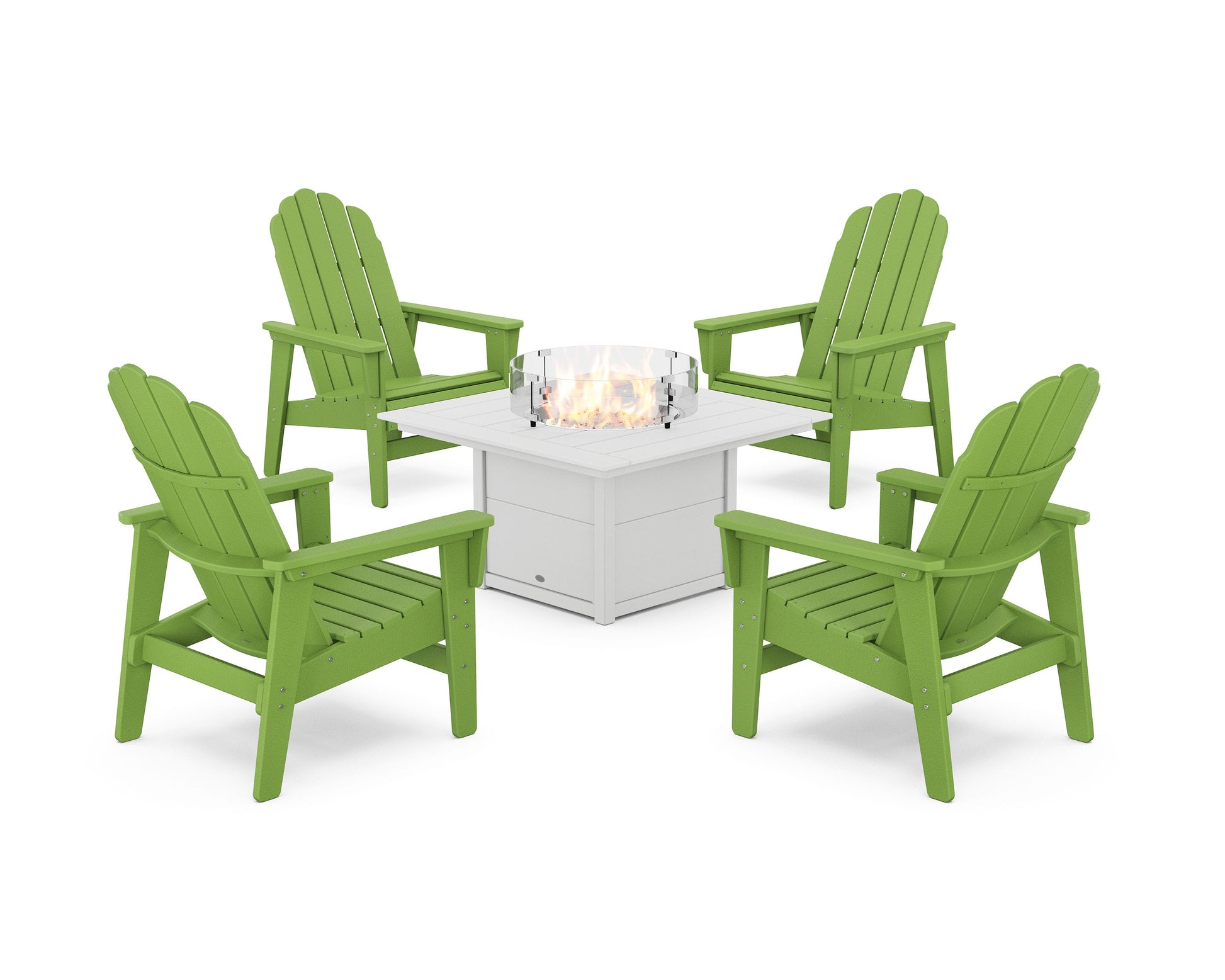POLYWOOD 5-Piece Vineyard Grand Upright Adirondack Conversation Set with Fire Pit Table — Lime / White
