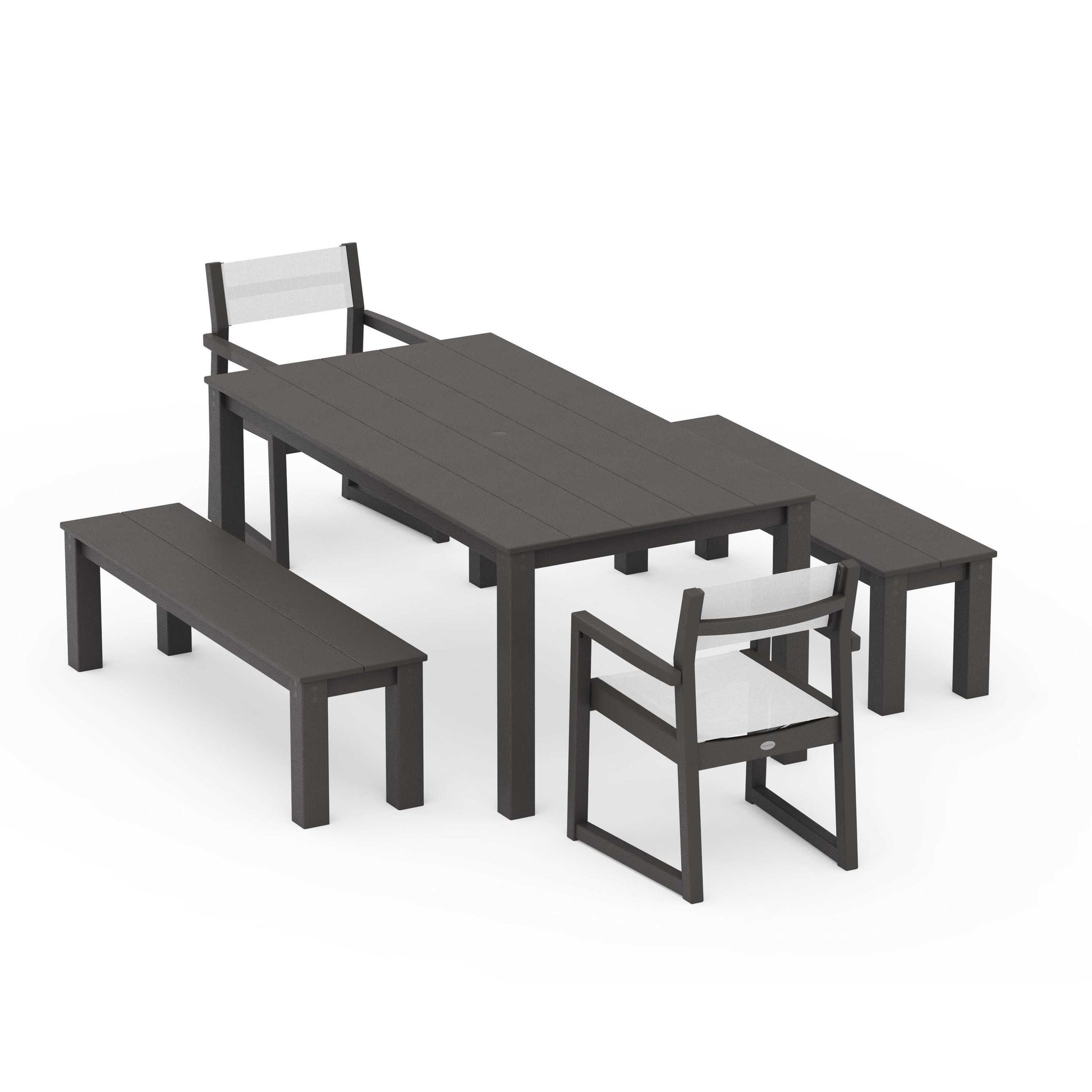 POLYWOOD EDGE Sling Arm Chair 5-Piece Parsons Dining Set with Benches — Vintage Coffee / White Sling