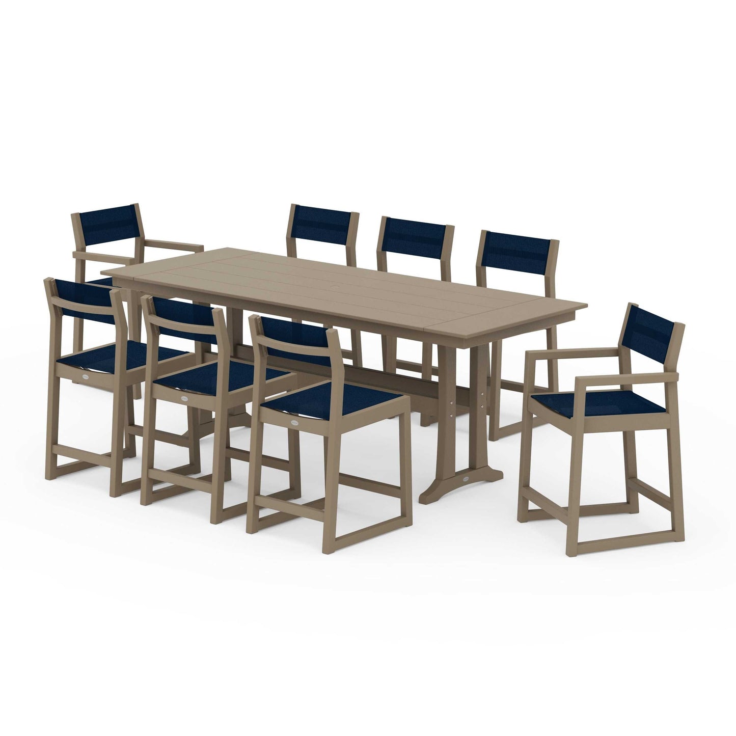 POLYWOOD EDGE Sling 9-Piece Farmhouse Counter Set with Trestle Legs — Vintage Sahara / Navy Blue Sling