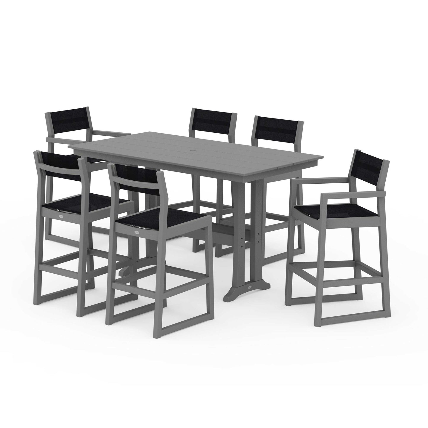 POLYWOOD EDGE Sling 7-Piece Farmhouse Bar Set with Trestle Legs — Slate Grey / Black Sling