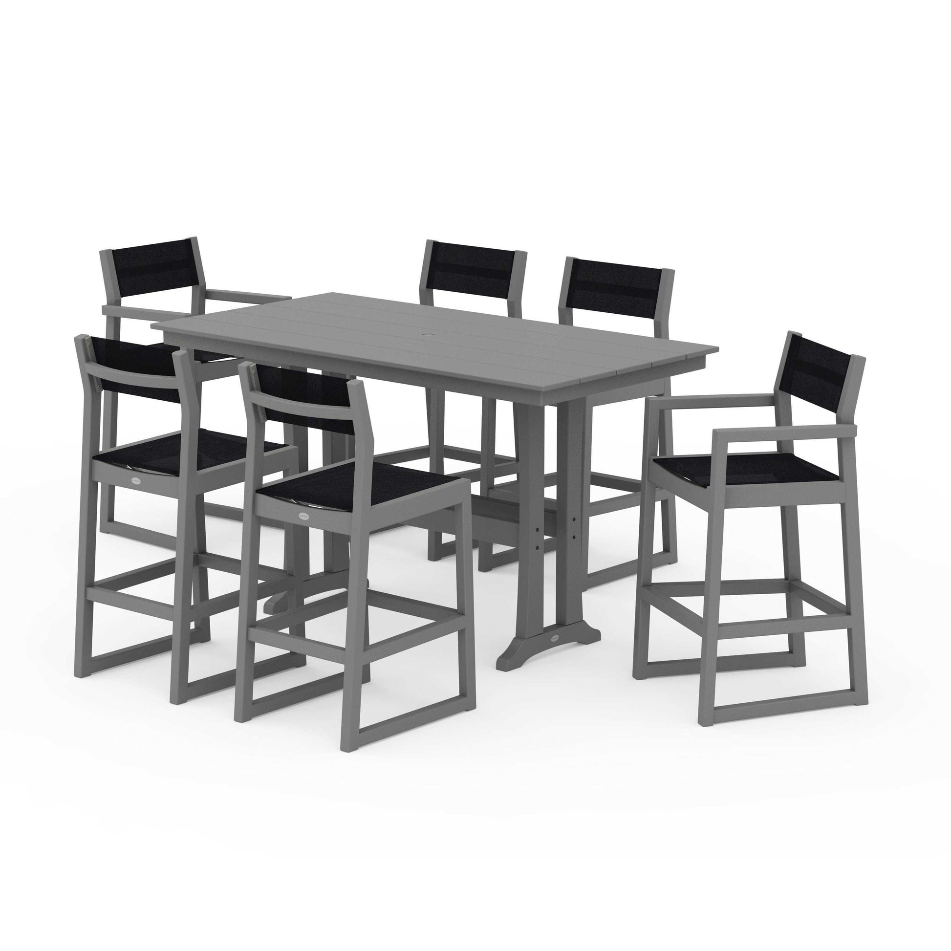 POLYWOOD EDGE Sling 7-Piece Farmhouse Bar Set with Trestle Legs — Slate Grey / Black Sling