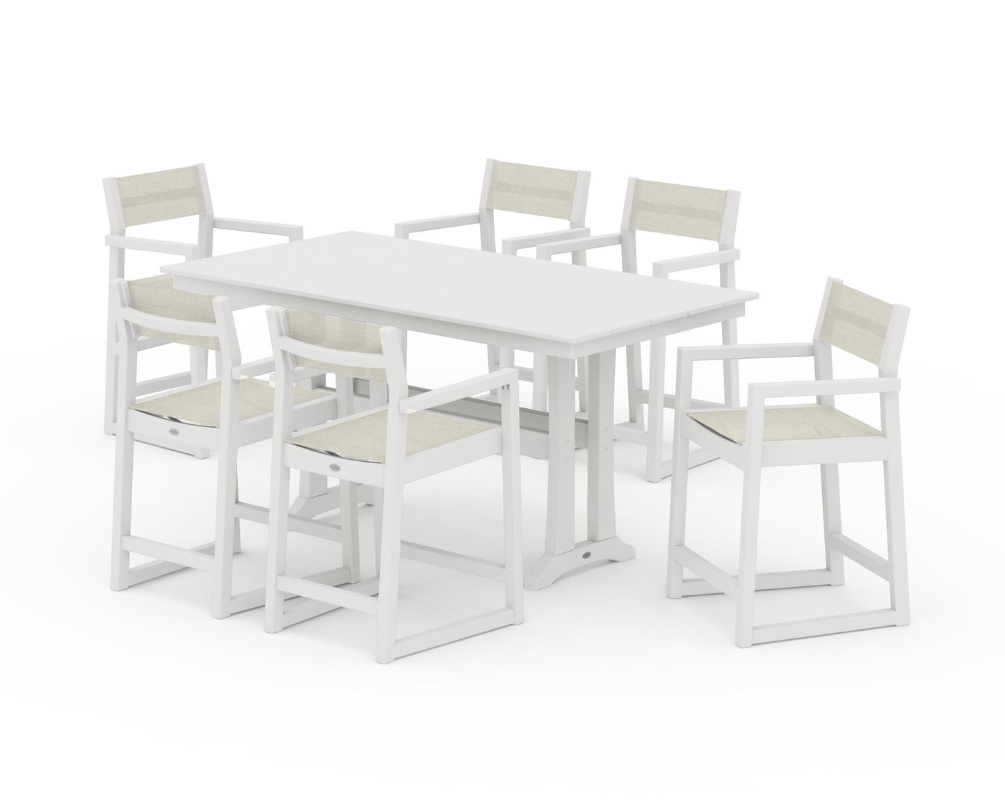 POLYWOOD EDGE Sling Arm Chair 7-Piece Farmhouse Counter Set with Trestle Legs — Vintage White / Parchment Sling