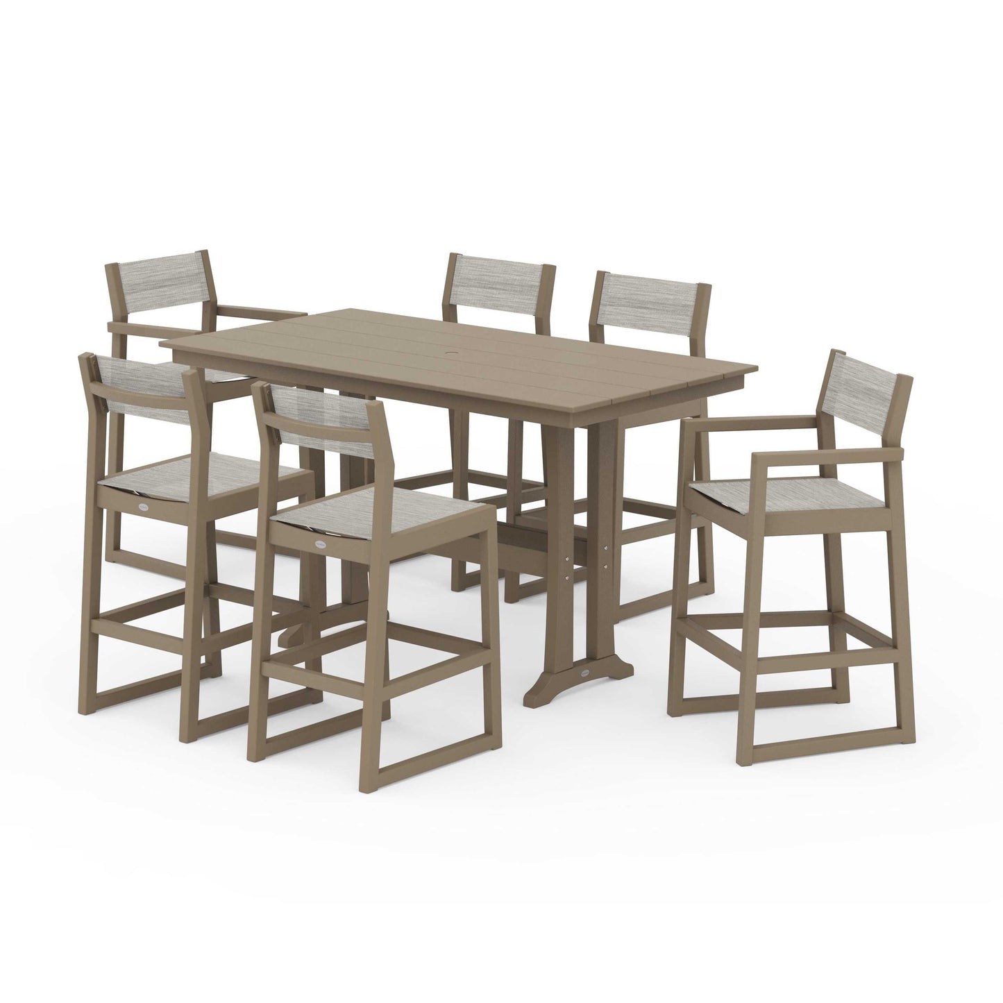 POLYWOOD EDGE Sling 7-Piece Farmhouse Bar Set with Trestle Legs — Vintage Sahara / Birch Sling