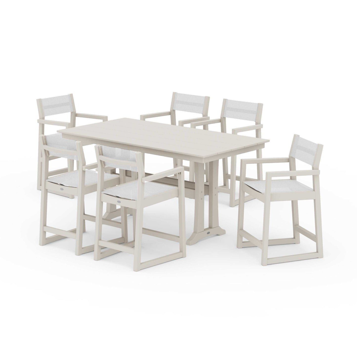 POLYWOOD EDGE Sling Arm Chair 7-Piece Farmhouse Counter Set with Trestle Legs — Sand / White Sling