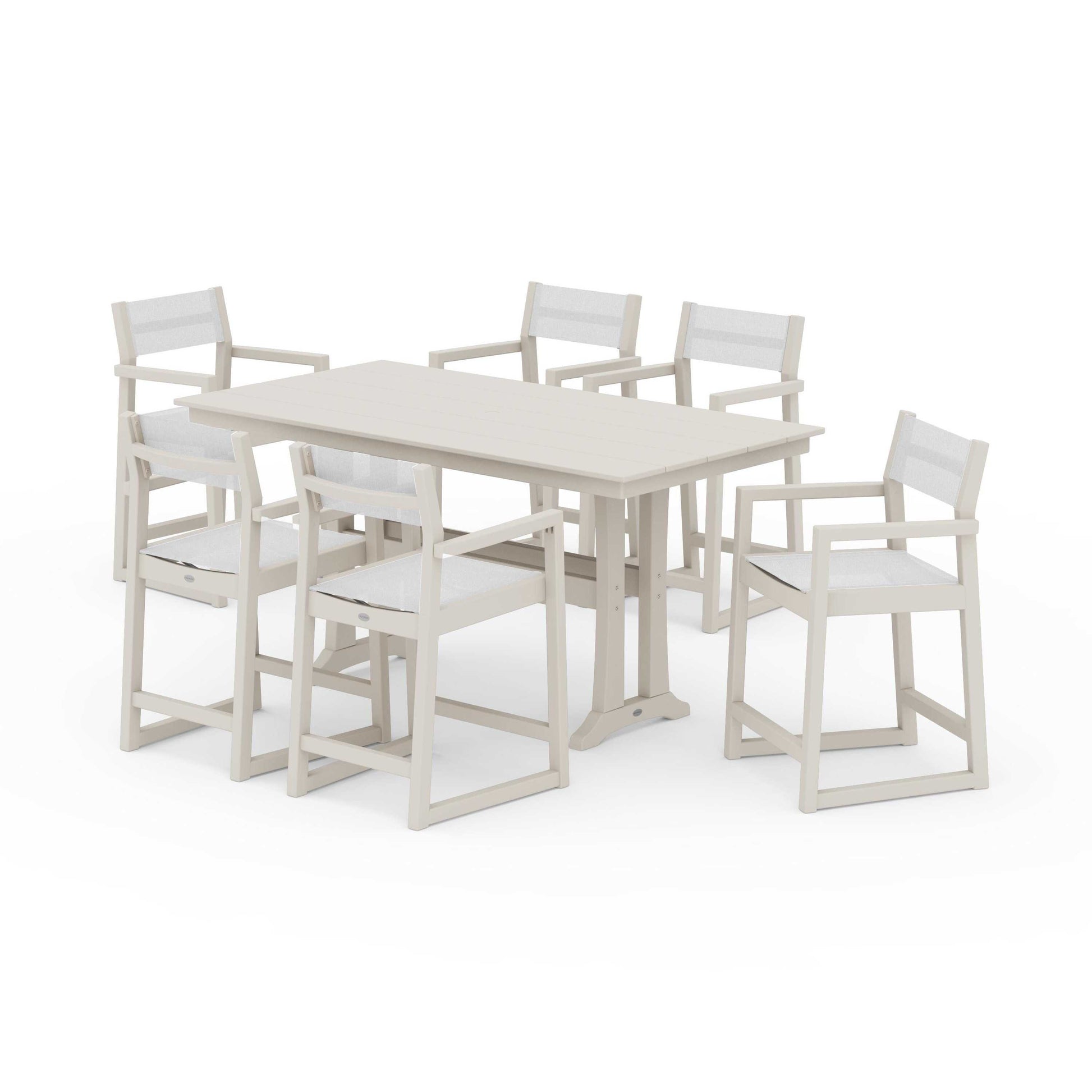 POLYWOOD EDGE Sling Arm Chair 7-Piece Farmhouse Counter Set with Trestle Legs — Sand / White Sling