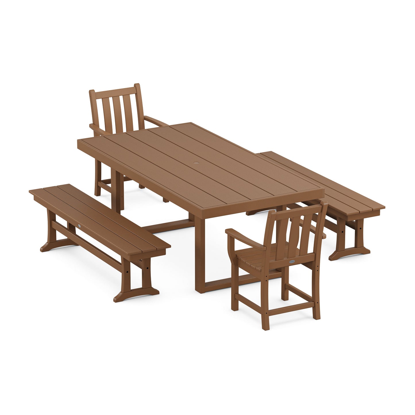 POLYWOOD Traditional Garden 5-Piece Dining Set with Benches — Teak