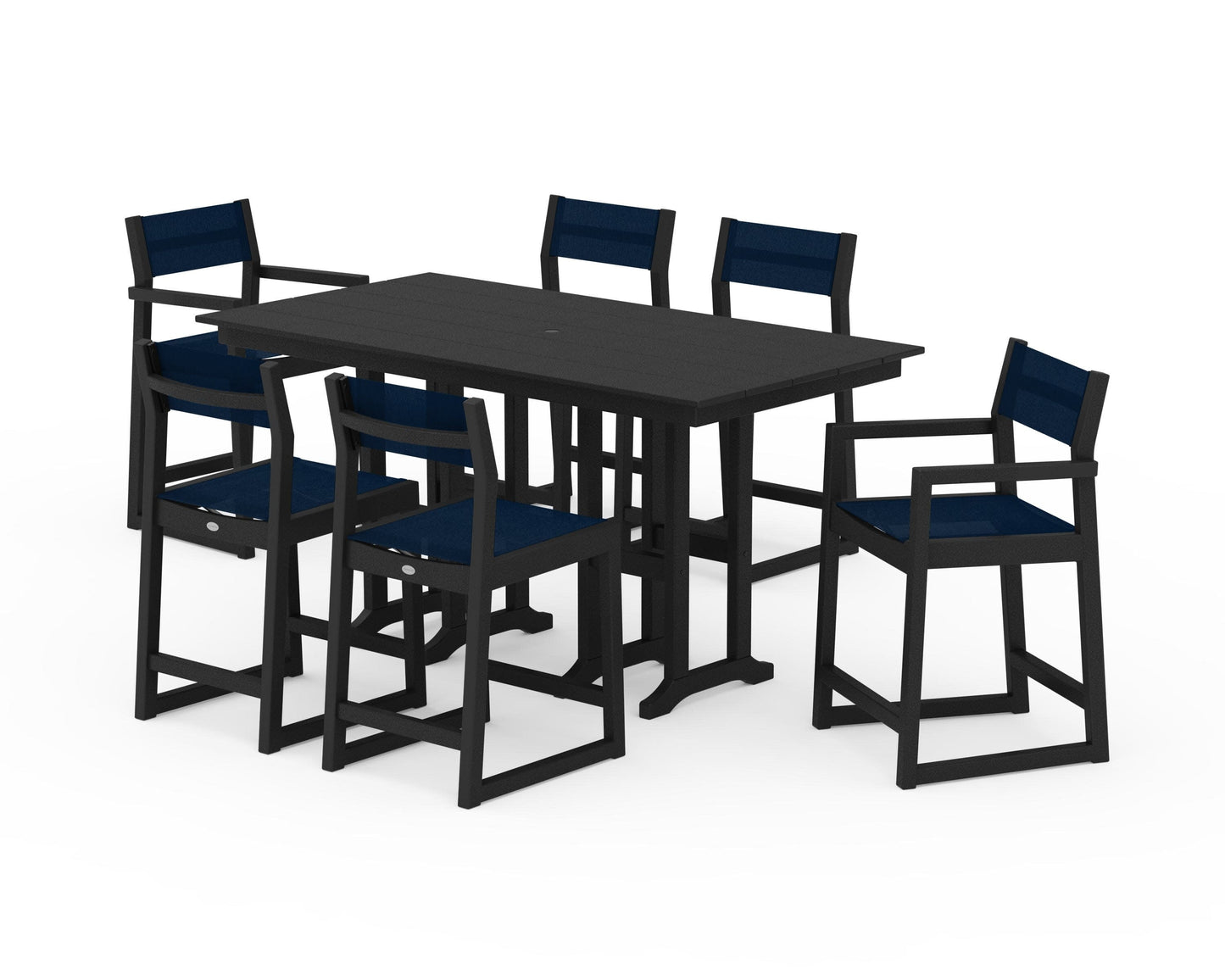 POLYWOOD EDGE Sling 7-Piece Farmhouse Counter Set with Trestle Legs — Black / Navy Blue Sling