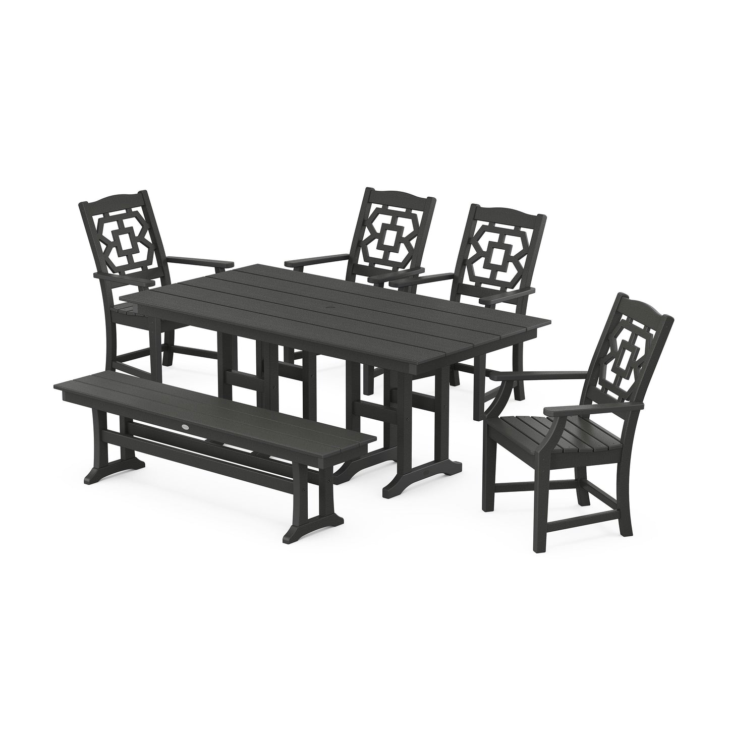 POLYWOOD Chinoiserie 6-Piece Farmhouse Dining Set with Bench — Black