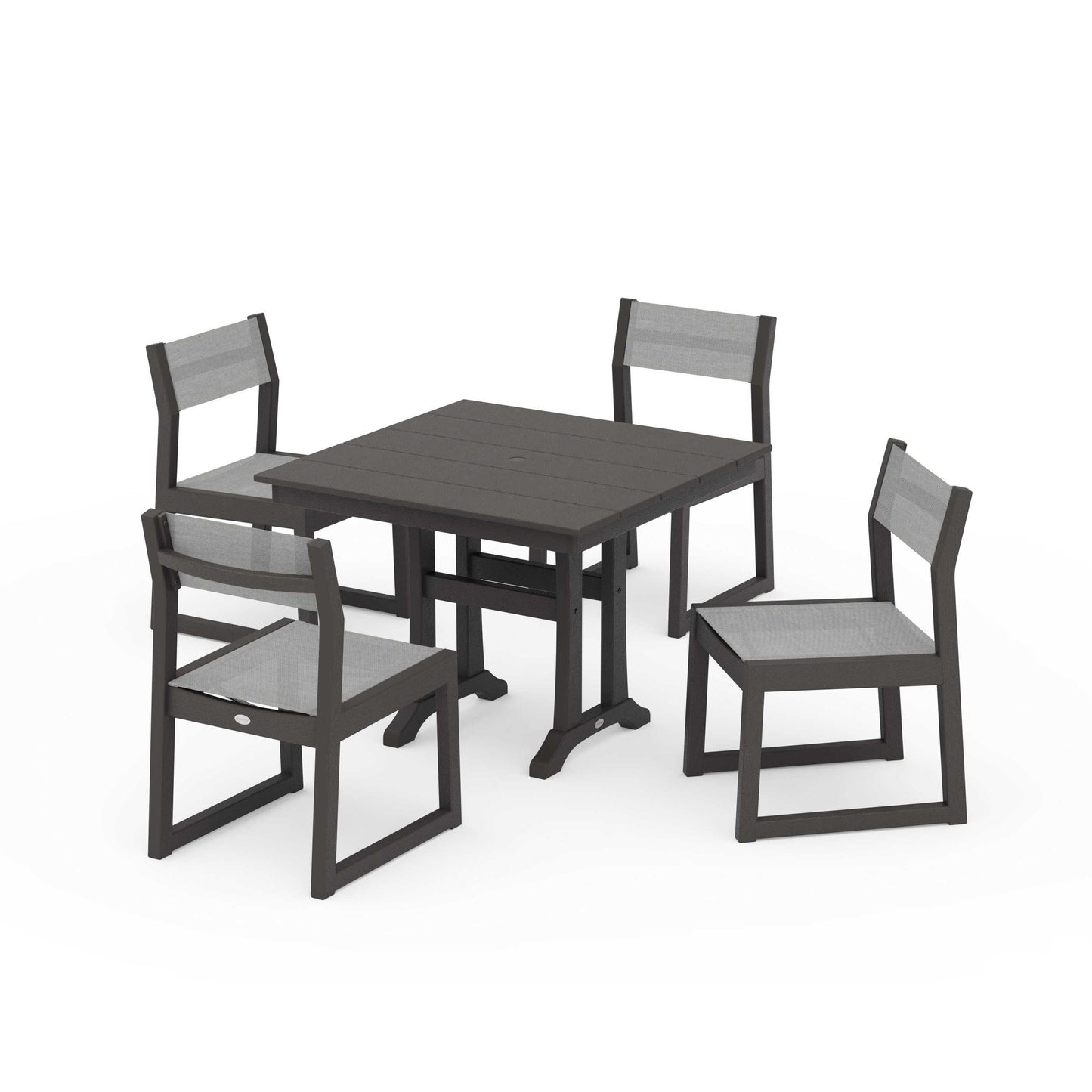 POLYWOOD EDGE Sling 5-Piece Farmhouse Trestle Side Chair Dining Set — Vintage Coffee / Metallic Sling