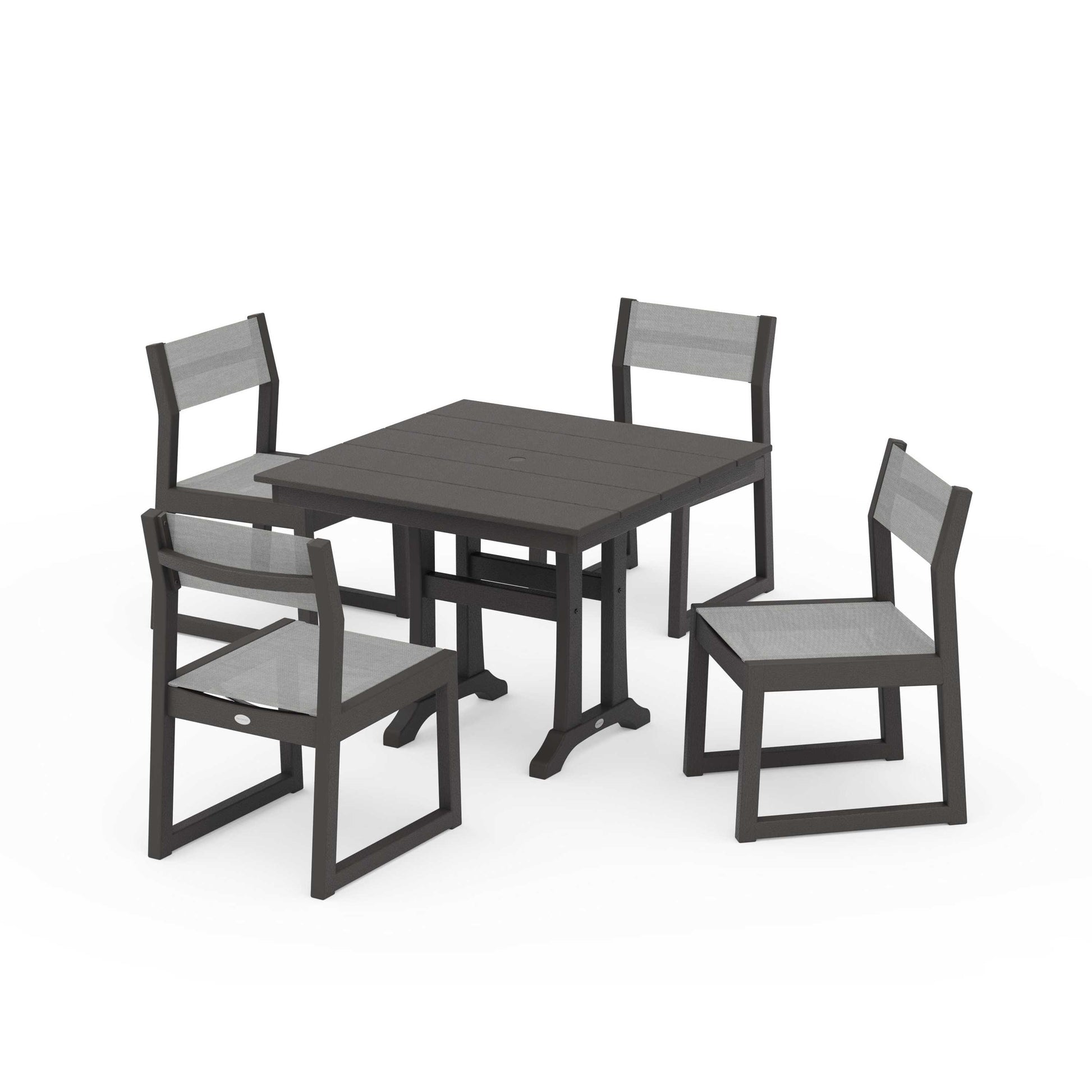 POLYWOOD EDGE Sling 5-Piece Farmhouse Trestle Side Chair Dining Set — Vintage Coffee / Metallic Sling