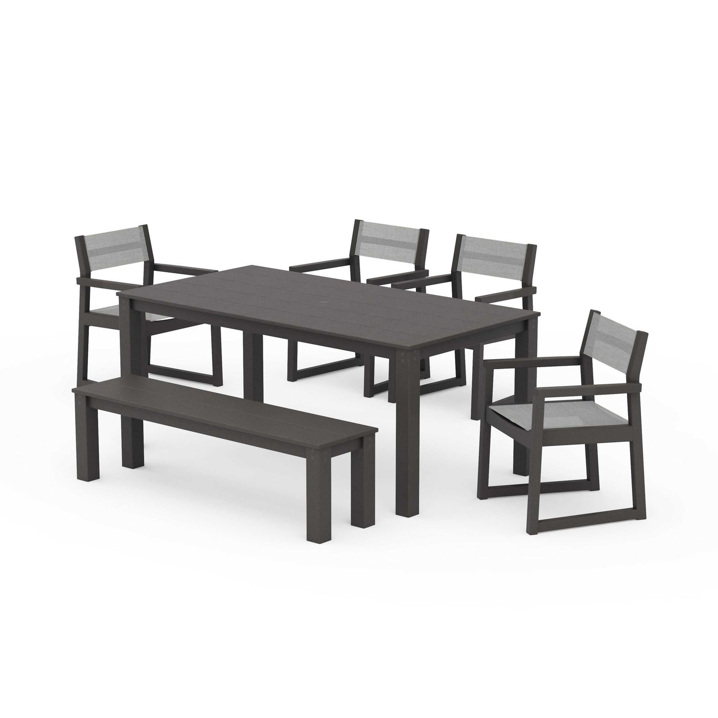 POLYWOOD EDGE Sling Arm Chair 6-Piece Parsons Dining Set with Bench — Vintage Coffee / Metallic Sling