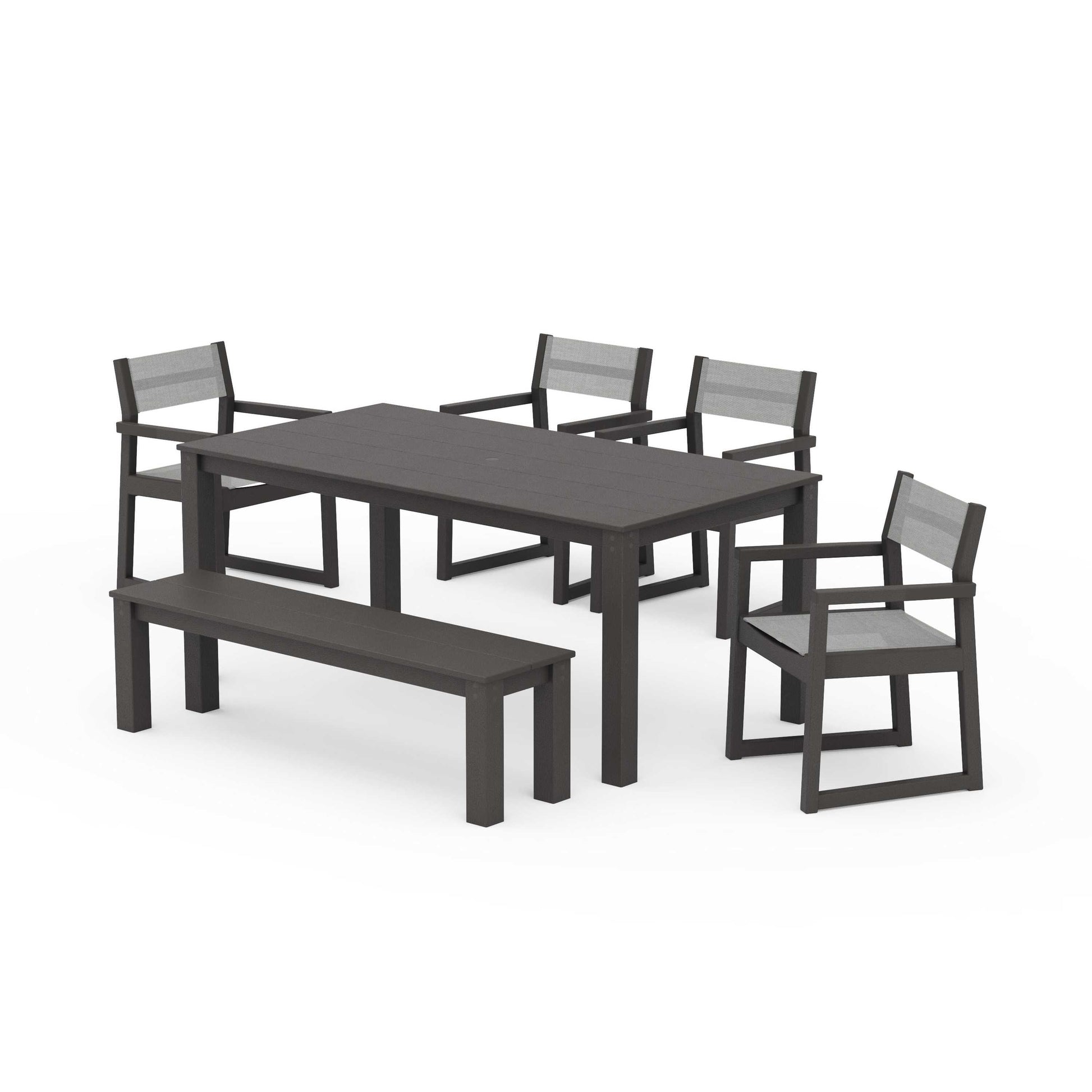 POLYWOOD EDGE Sling Arm Chair 6-Piece Parsons Dining Set with Bench — Vintage Coffee / Metallic Sling
