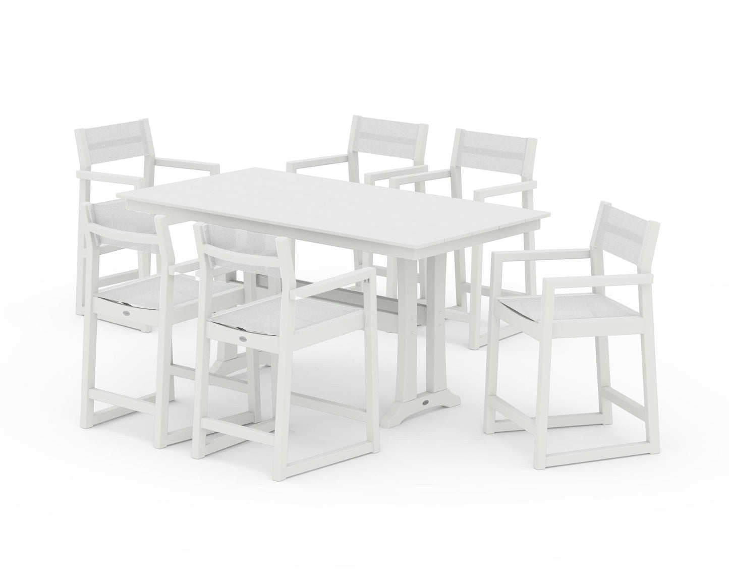 POLYWOOD EDGE Sling Arm Chair 7-Piece Farmhouse Counter Set with Trestle Legs — White / White Sling