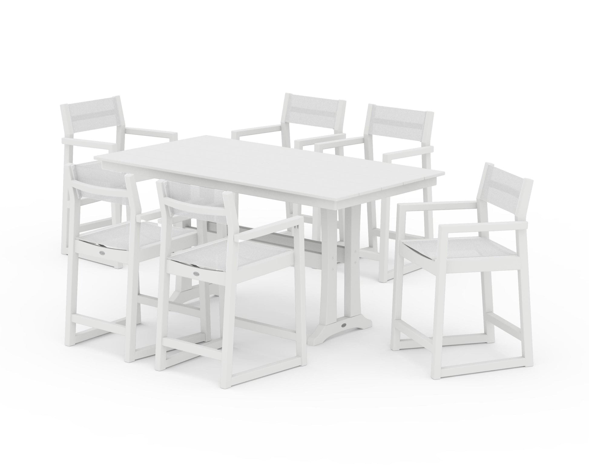 POLYWOOD EDGE Sling Arm Chair 7-Piece Farmhouse Counter Set with Trestle Legs — White / White Sling