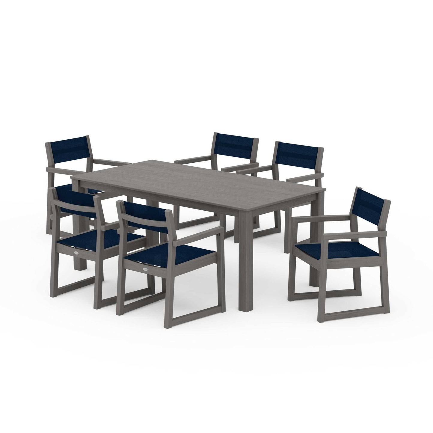 POLYWOOD EDGE Sling Arm Chair 7-Piece Parsons Dining Set — Driftwood / Navy Blue Sling