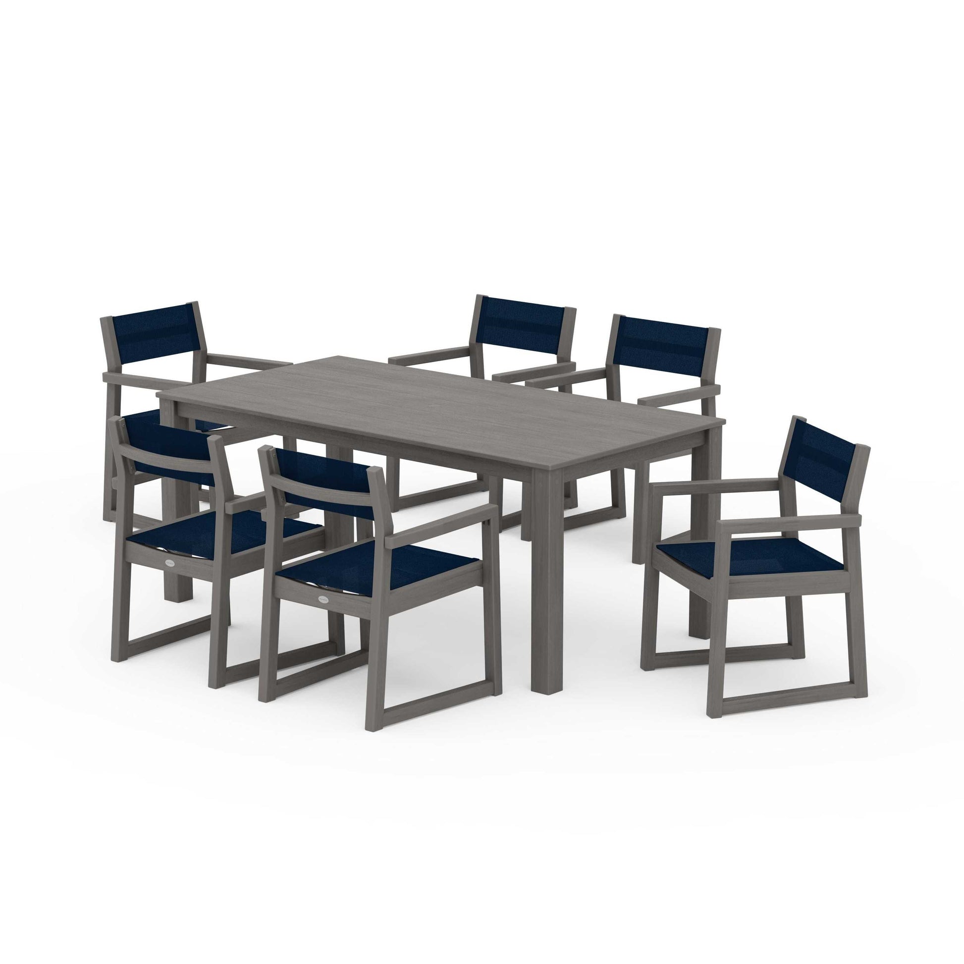 POLYWOOD EDGE Sling Arm Chair 7-Piece Parsons Dining Set — Driftwood / Navy Blue Sling