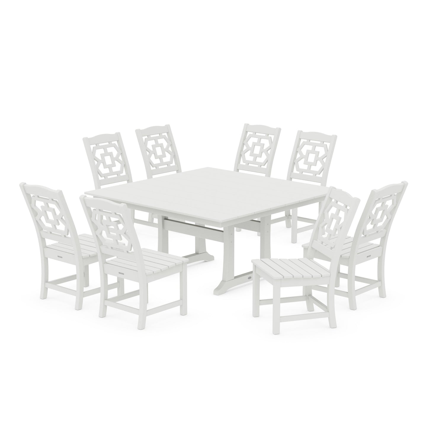 POLYWOOD Chinoiserie 9-Piece Square Farmhouse Side Chair Dining Set with Trestle Legs — Vintage White