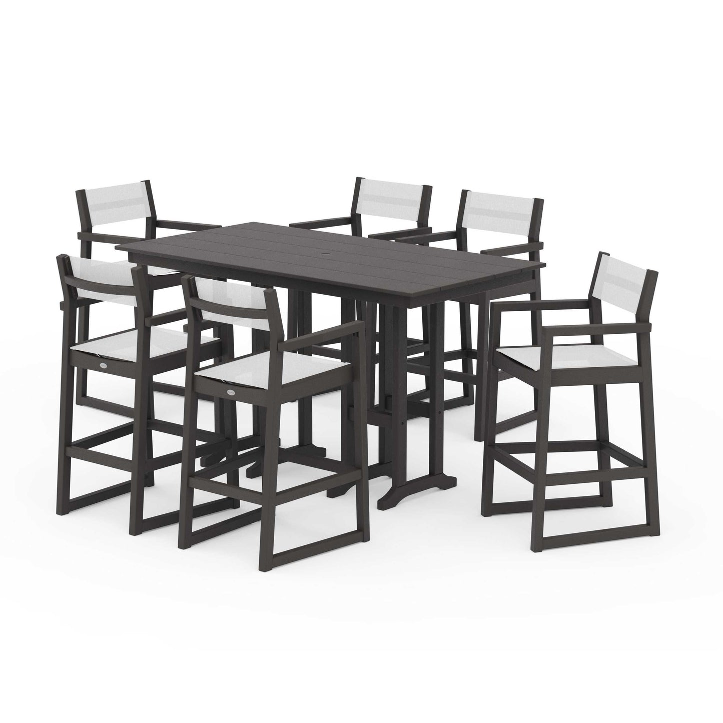 POLYWOOD EDGE Sling Arm Chair 7-Piece Farmhouse Bar Set — Vintage Coffee / White Sling