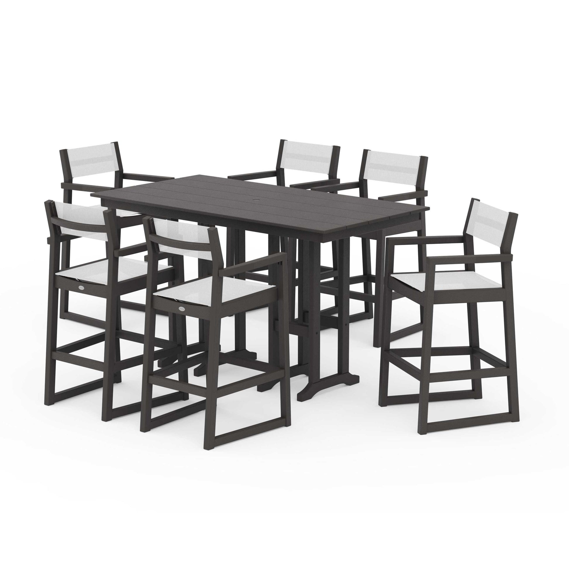 POLYWOOD EDGE Sling Arm Chair 7-Piece Farmhouse Bar Set — Vintage Coffee / White Sling