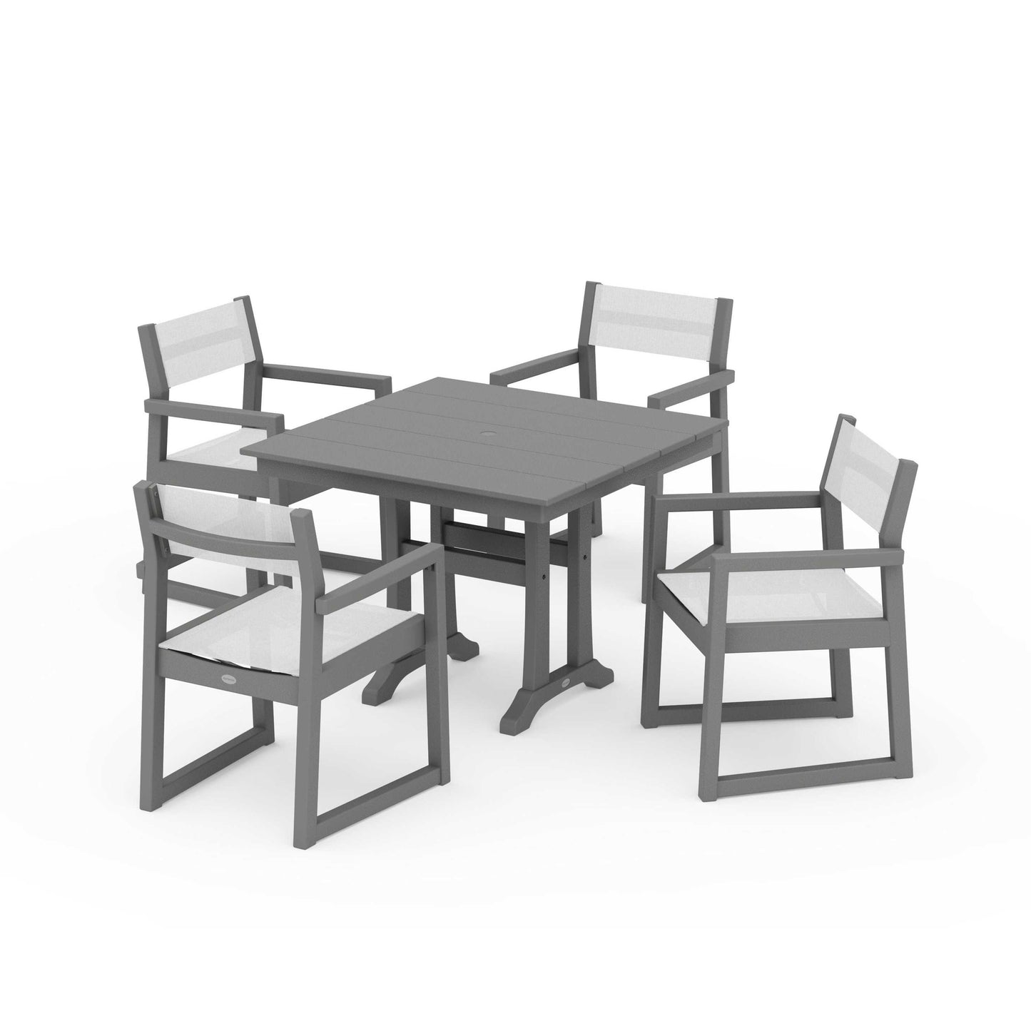 POLYWOOD EDGE Sling 5-Piece Farmhouse Dining Set with Trestle Legs — Slate Grey / White Sling