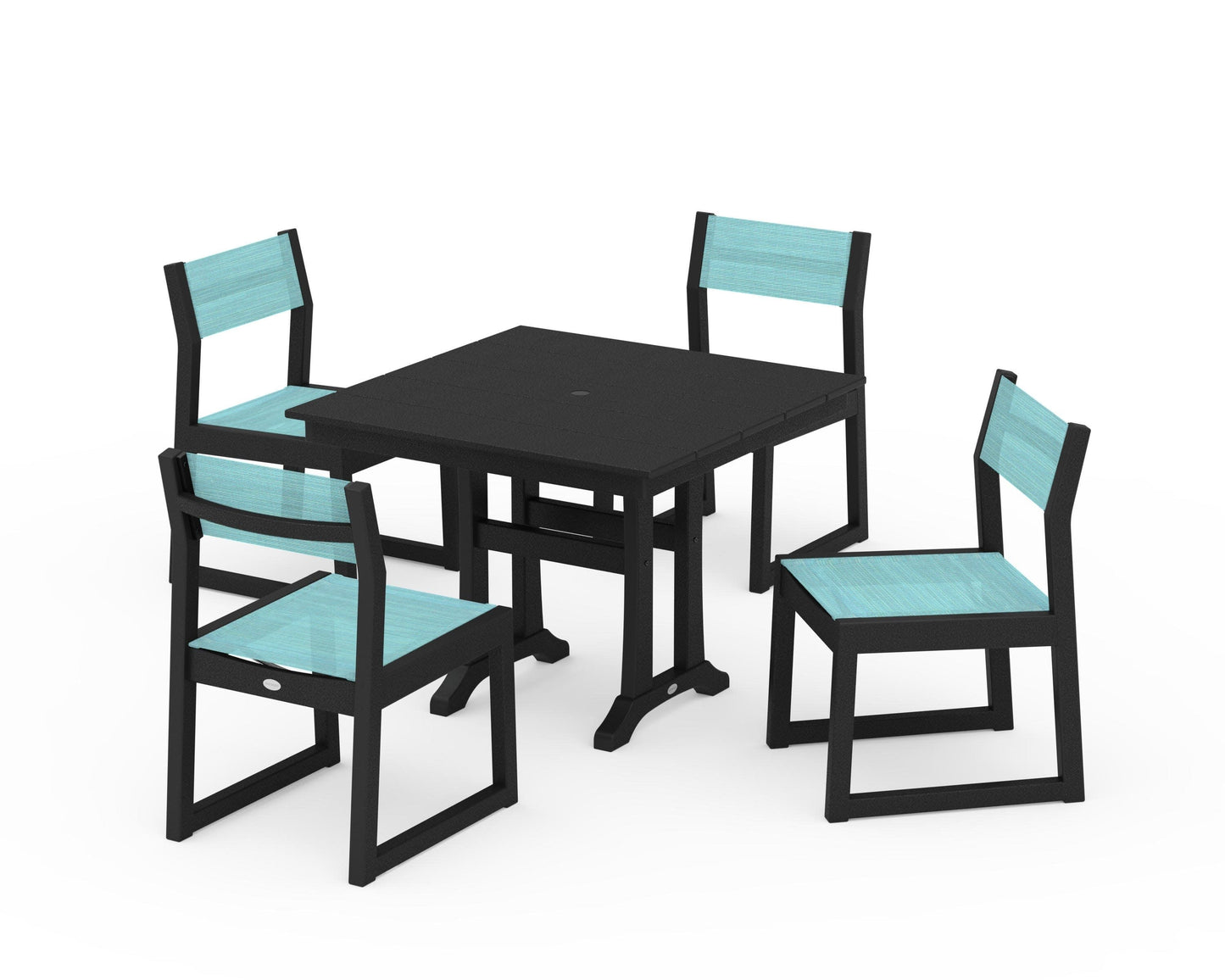 POLYWOOD EDGE Sling 5-Piece Farmhouse Trestle Side Chair Dining Set — Black / Dupioni Aquamarine Sling